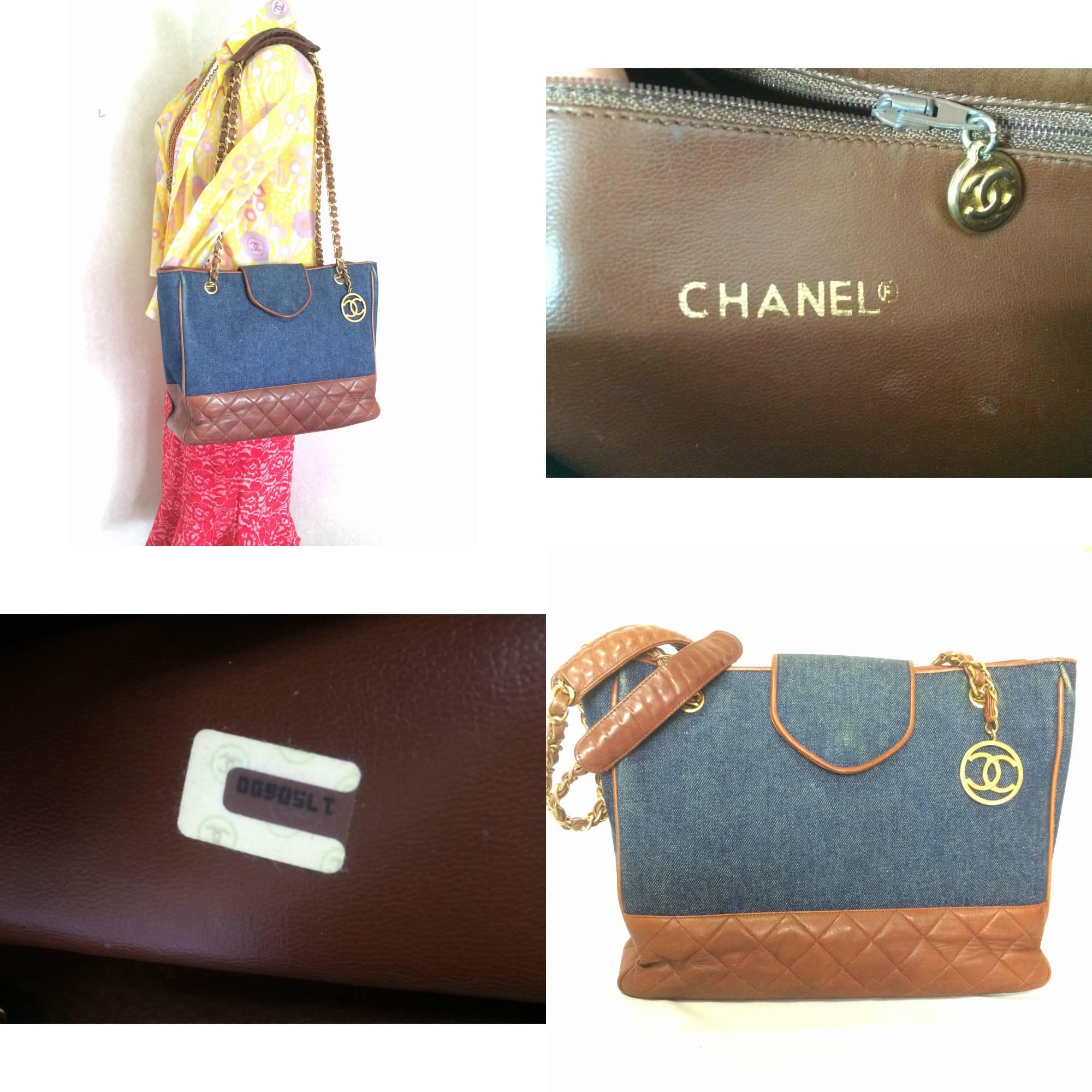 Women's Vintage CHANEL blue jean denim and brown leather combi shoulder tote bag with cc For Sale