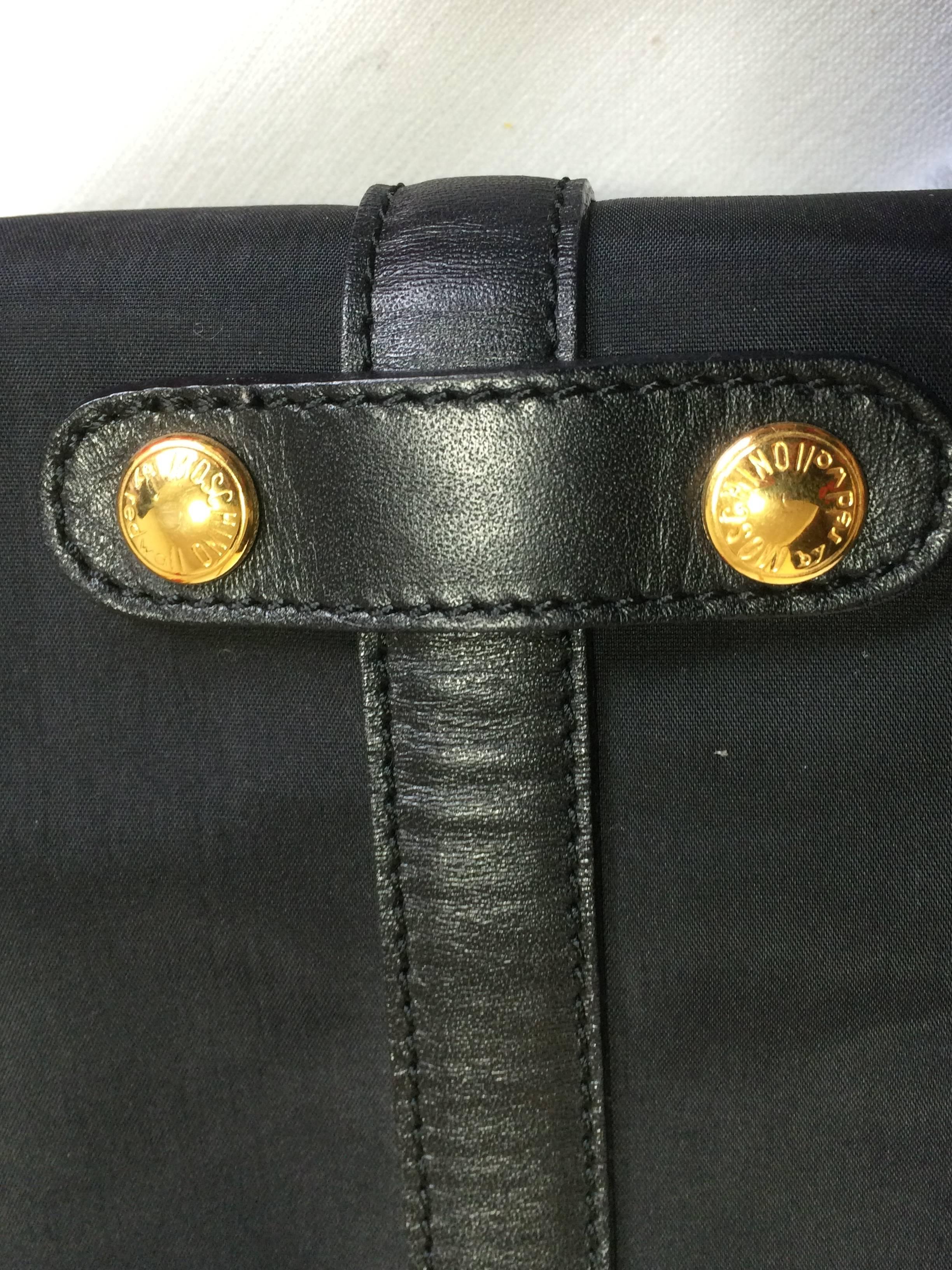 Black MINT. Vintage Moschino black nylon saumur messenger shoulder bag with leather For Sale