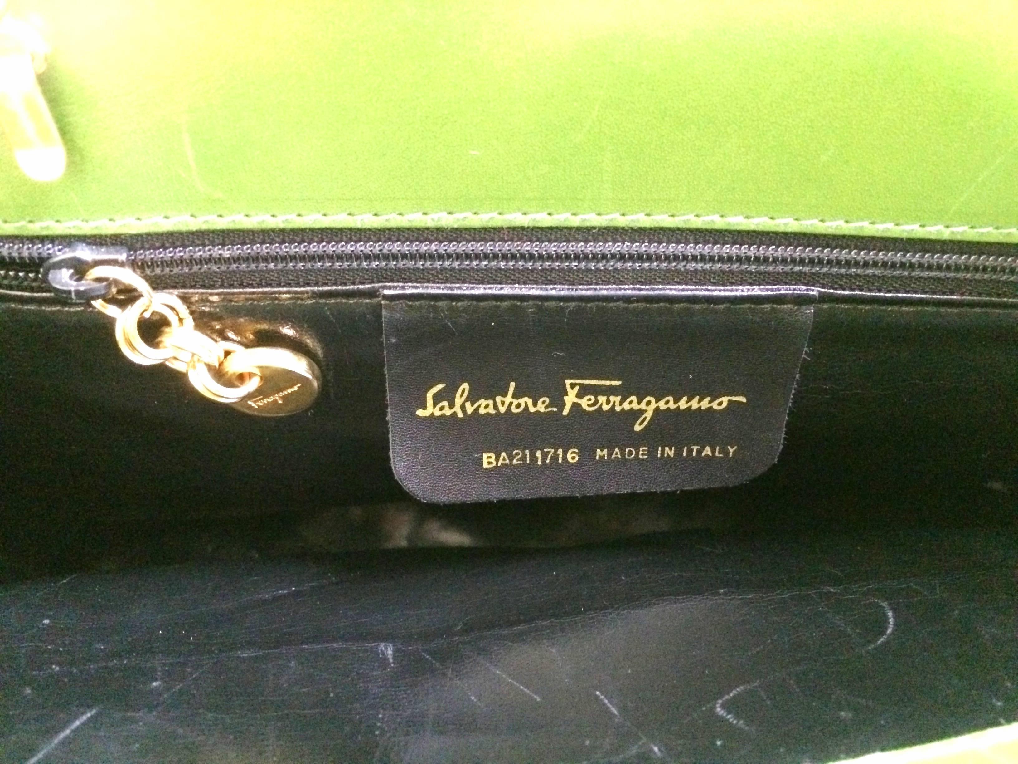 Green Vintage Salvatore Ferragamo green leather golden gancini trapezoid shape handbag For Sale