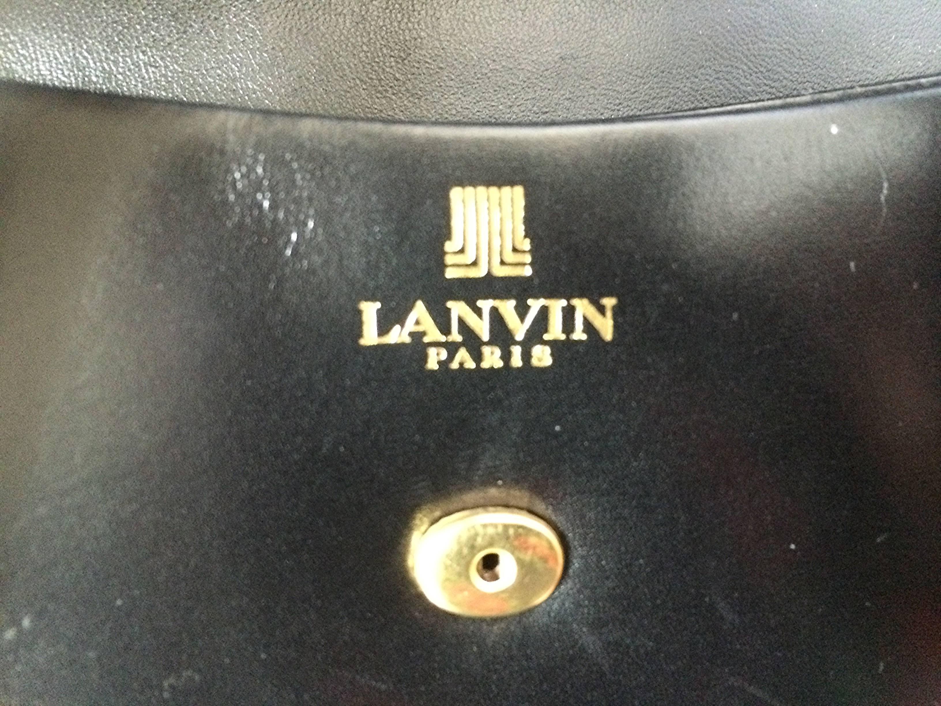 Black 80's Vintage LANVIN classic black leather shoulder bag, tote bag with gold motif For Sale
