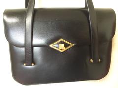 80's Vintage LANVIN classic black leather shoulder bag, tote bag with gold motif