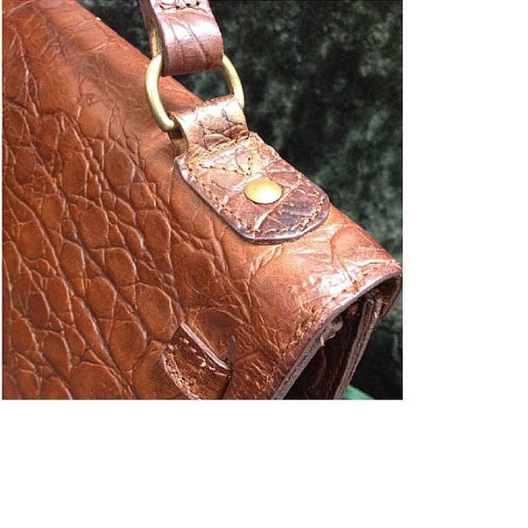 Brown Vintage Mulberry croc embossed brown leather Kelly bag. Designed by Roger Saul For Sale