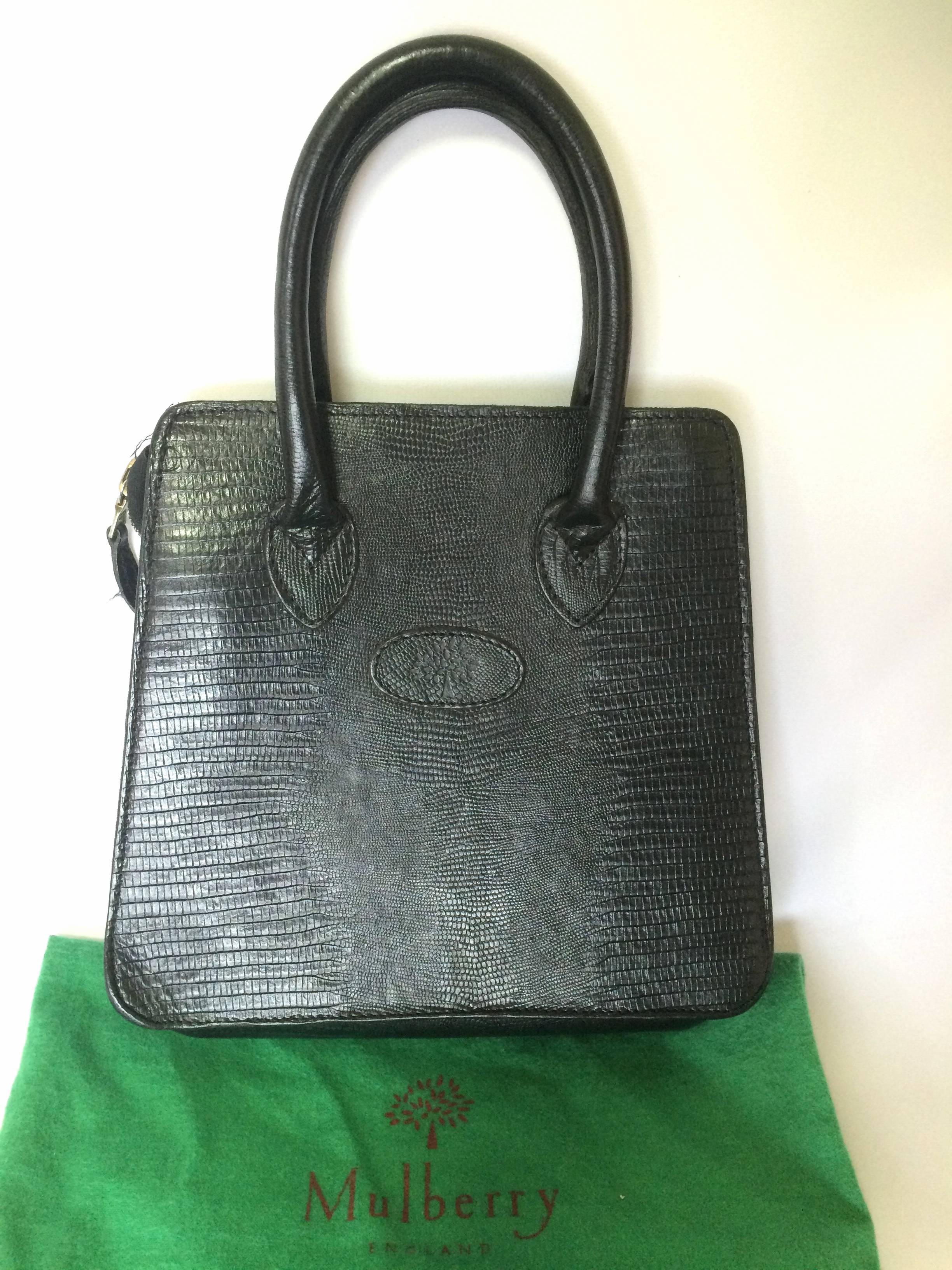 Black Vintage Mulberry lizard embossed black leather mini tote bag. By Roger Saul 