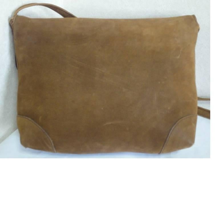Brown Vintage CELINE genuine suede tanned brown leather shoulder bag, clutch purse. For Sale