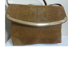 Vintage CELINE genuine suede tanned brown leather shoulder bag, clutch purse.