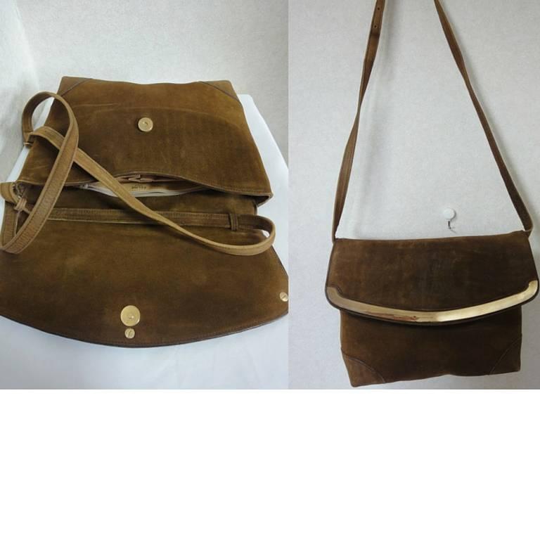 Vintage CELINE genuine suede tanned brown leather shoulder bag, clutch purse. For Sale 4