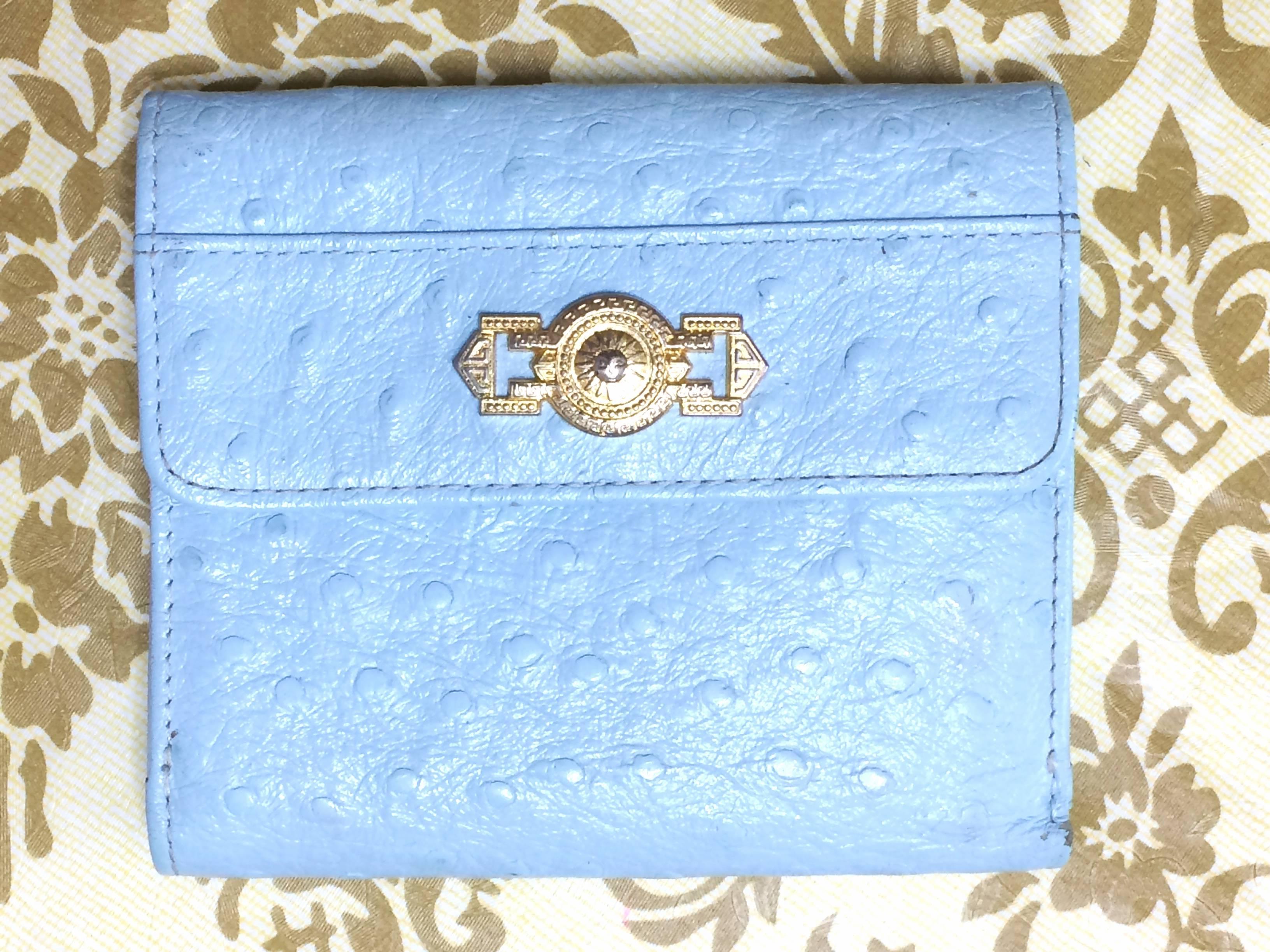 Vintage Gianni Versace ostrich-embossed light blue leather wallet with sunburst For Sale 1