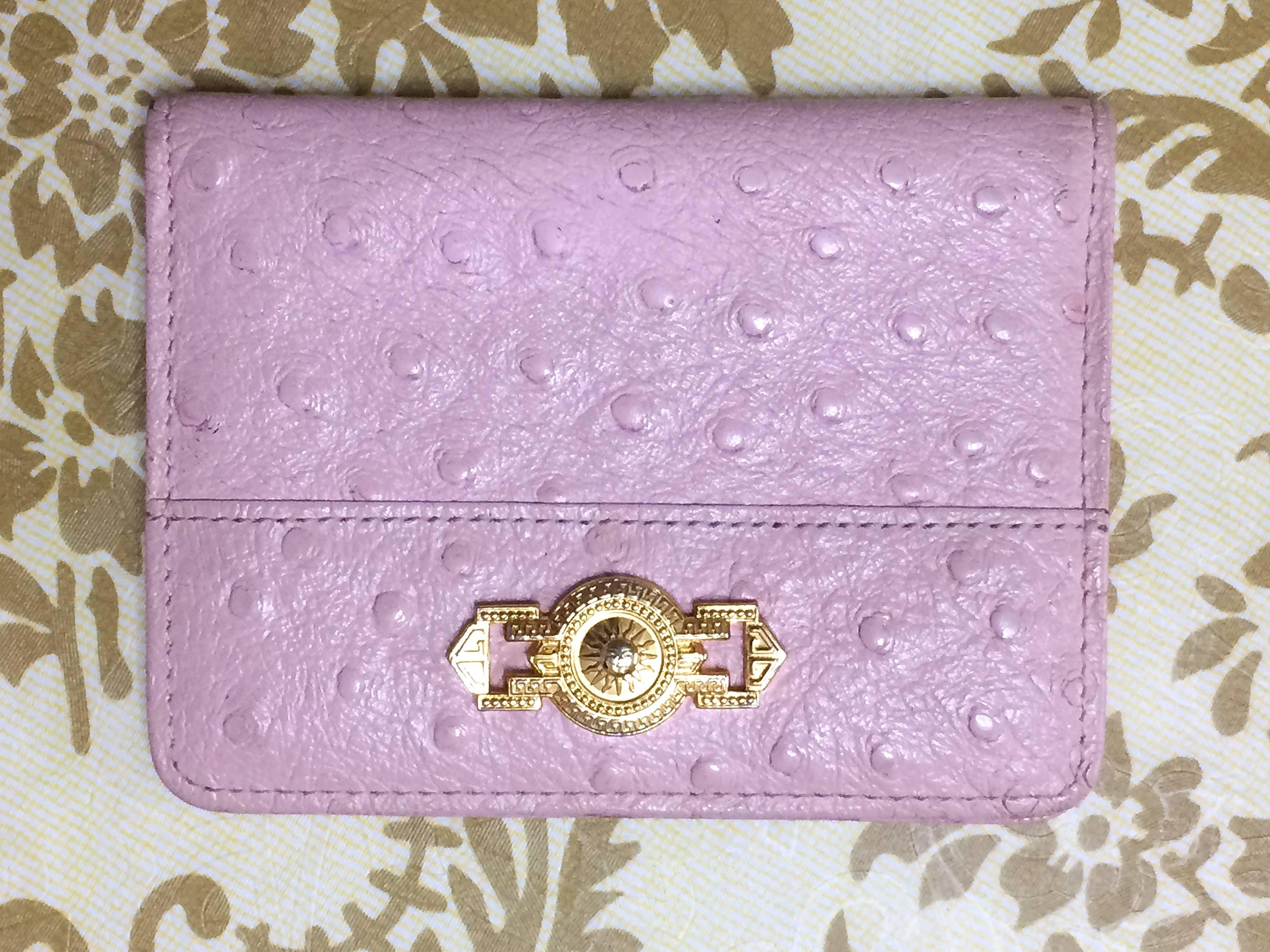 Vintage Gianni Versace ostrich-embossed pink leather card, id case, card case 2
