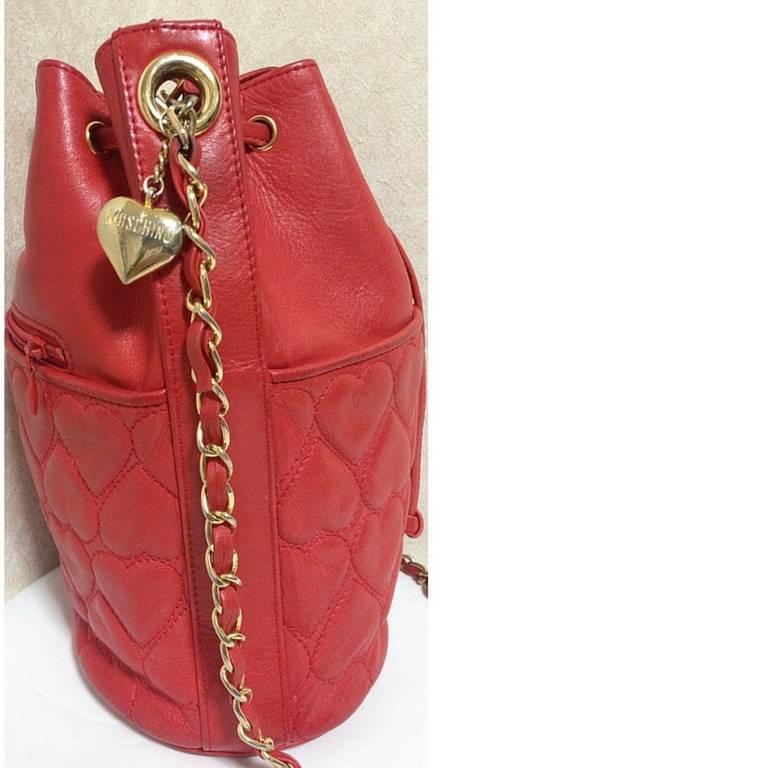 Red Vintage MOSCHINO red heart shape quilted lambskin shoulder hobo bucket purse