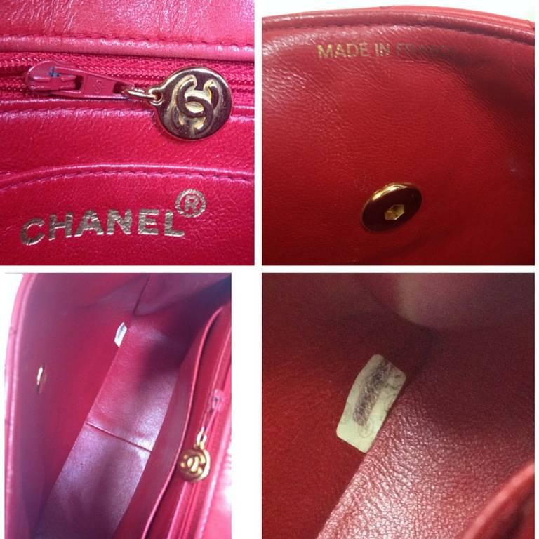 Vintage CHANEL lipstick red lamb leather shoulder bag with leather strap and cc. 1