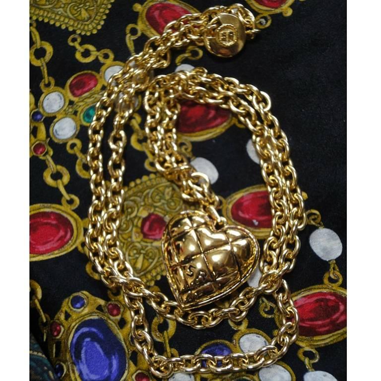 Vintage Sonia Rykiel golden quilted heart shape long chain necklace.  2