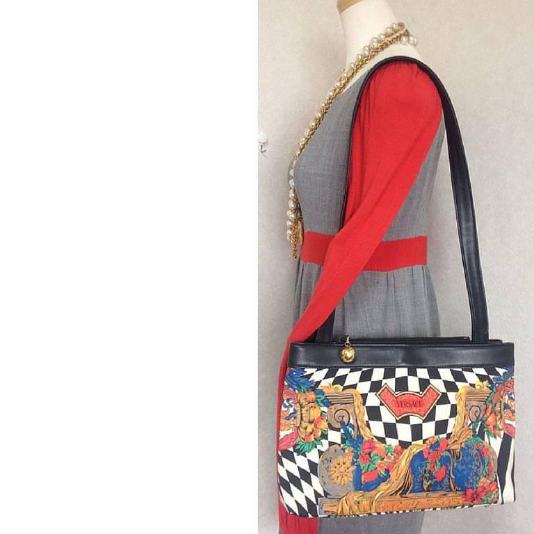 Women's or Men's Vintage Gianni Versace shoulder tote bag with print of chess, flower, gold, blue