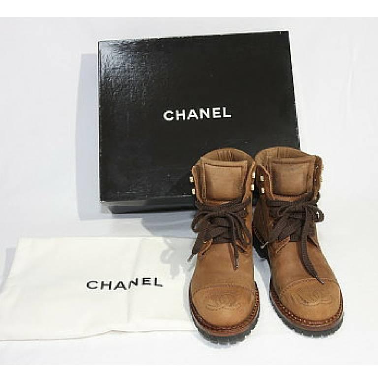 Women's Vintage CHANEL middle high, brown leather boots, hiking lace up boots. cc marks For Sale