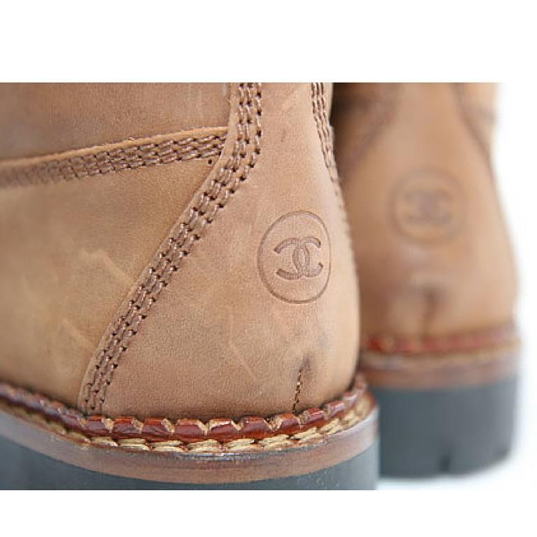 Brown Vintage CHANEL middle high, brown leather boots, hiking lace up boots. cc marks For Sale