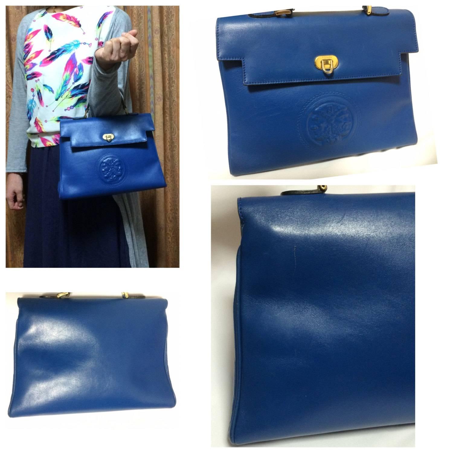 Women's Vintage FENDI blue leather classic kelly style handbag with iconic Janus motif. For Sale