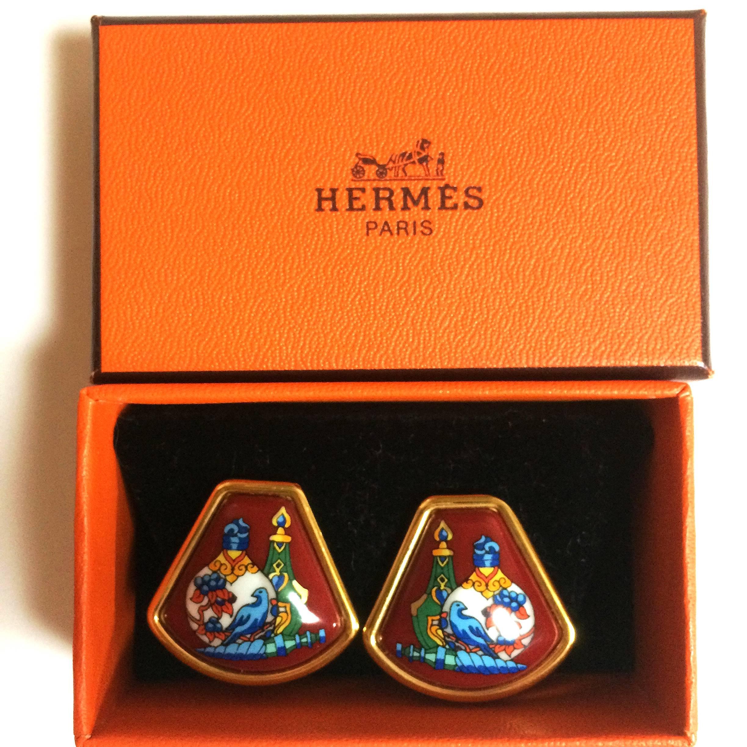 Vintage Hermes cloisonne golden earrings with colorful perfume bottle design. 1