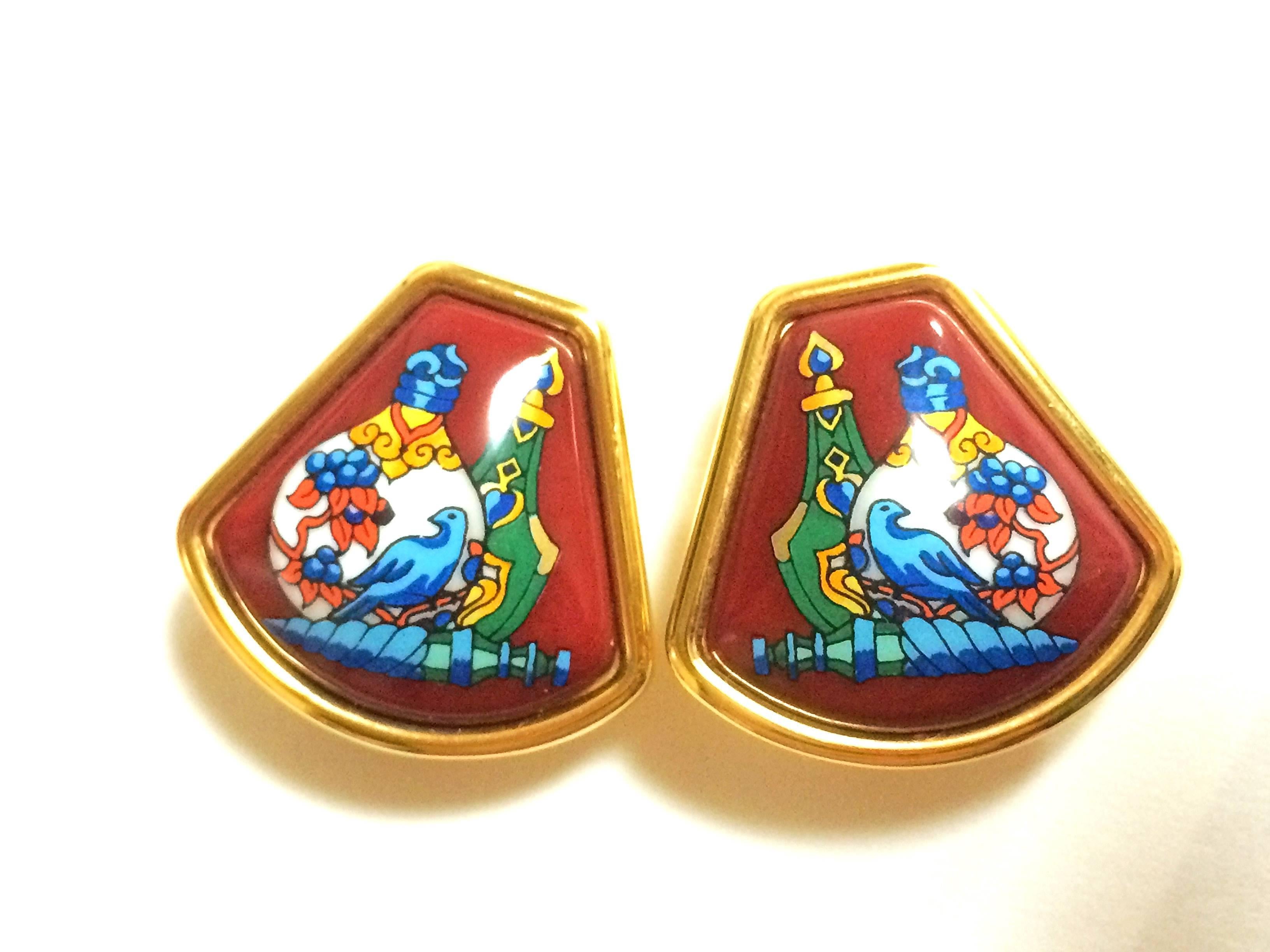 1990s. Vintage Hermes cloisonne golden earrings with colorful white, blue, green, pink perfume bottle design in wine. Fan shape.

****Hermes perfume bottle bangle is also available! ***

Fabulous earrings in HERMES's iconic cloisonne.
Excellent