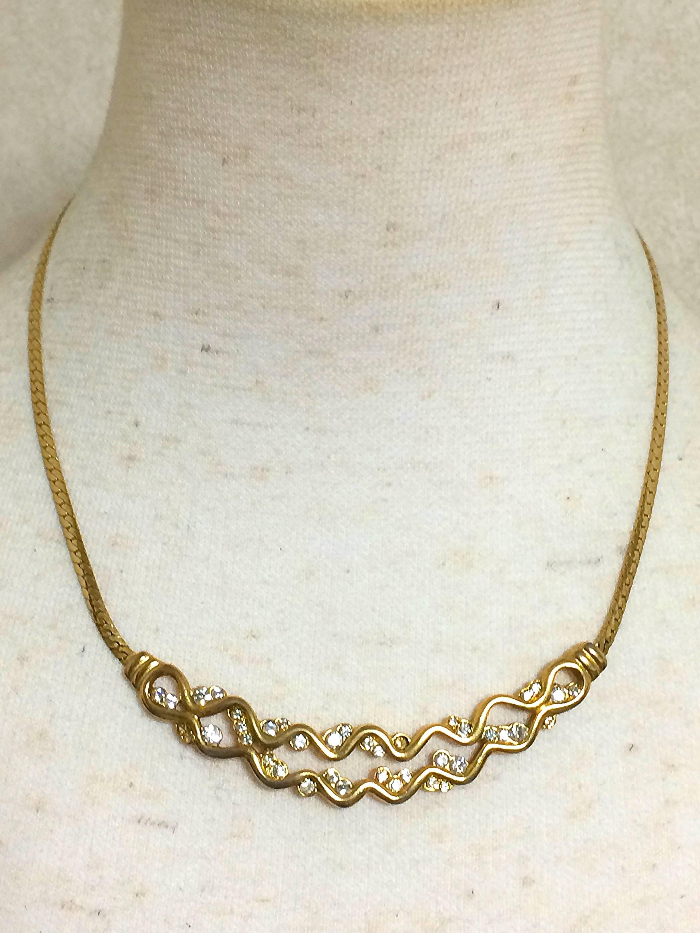 Vintage Givenchy double wave design flap chain necklace with rhinestone crystals For Sale 3