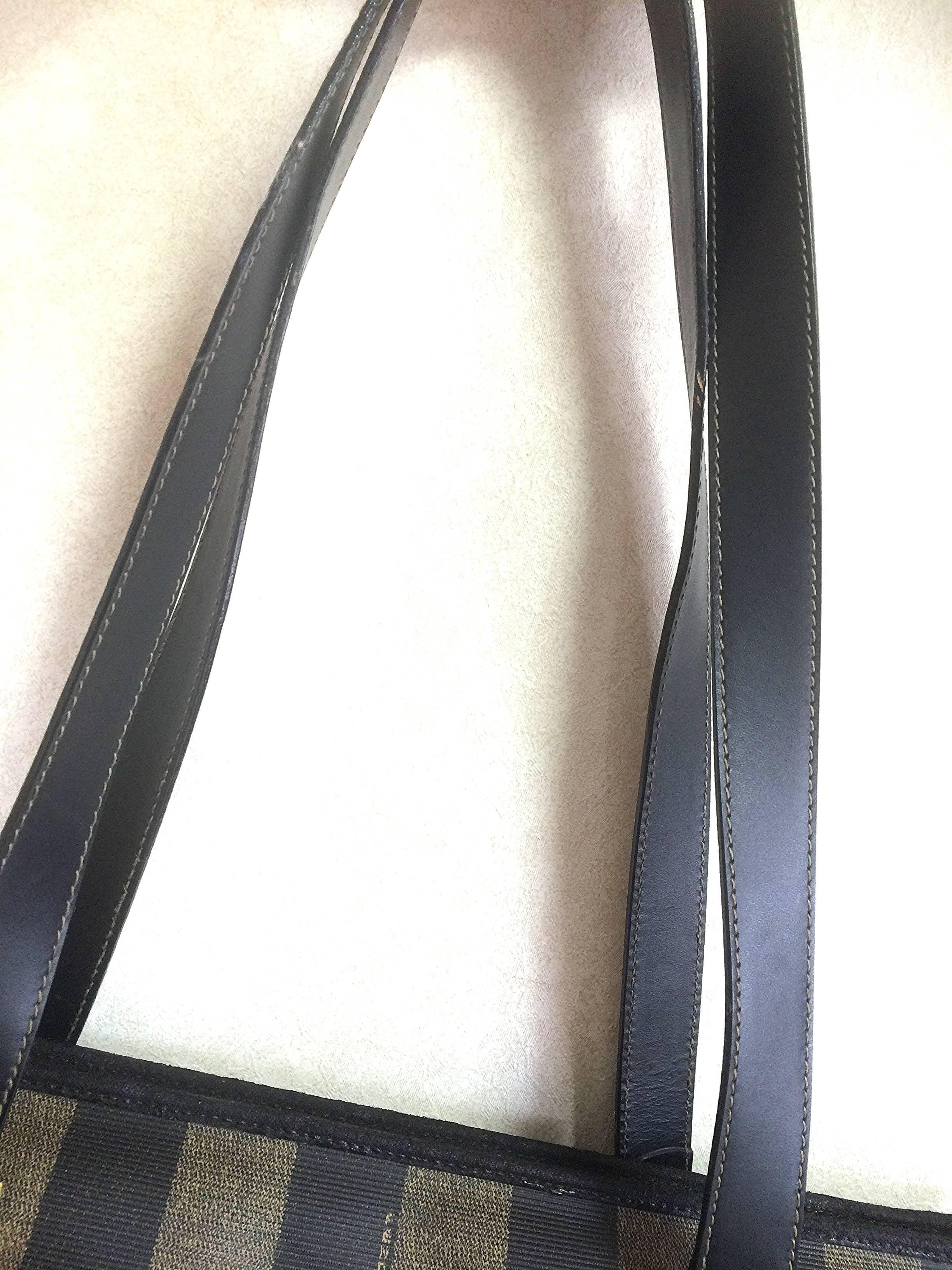 Women's or Men's Vintage FENDI classic pecan stripe pattern shopper tote bag with black leather.