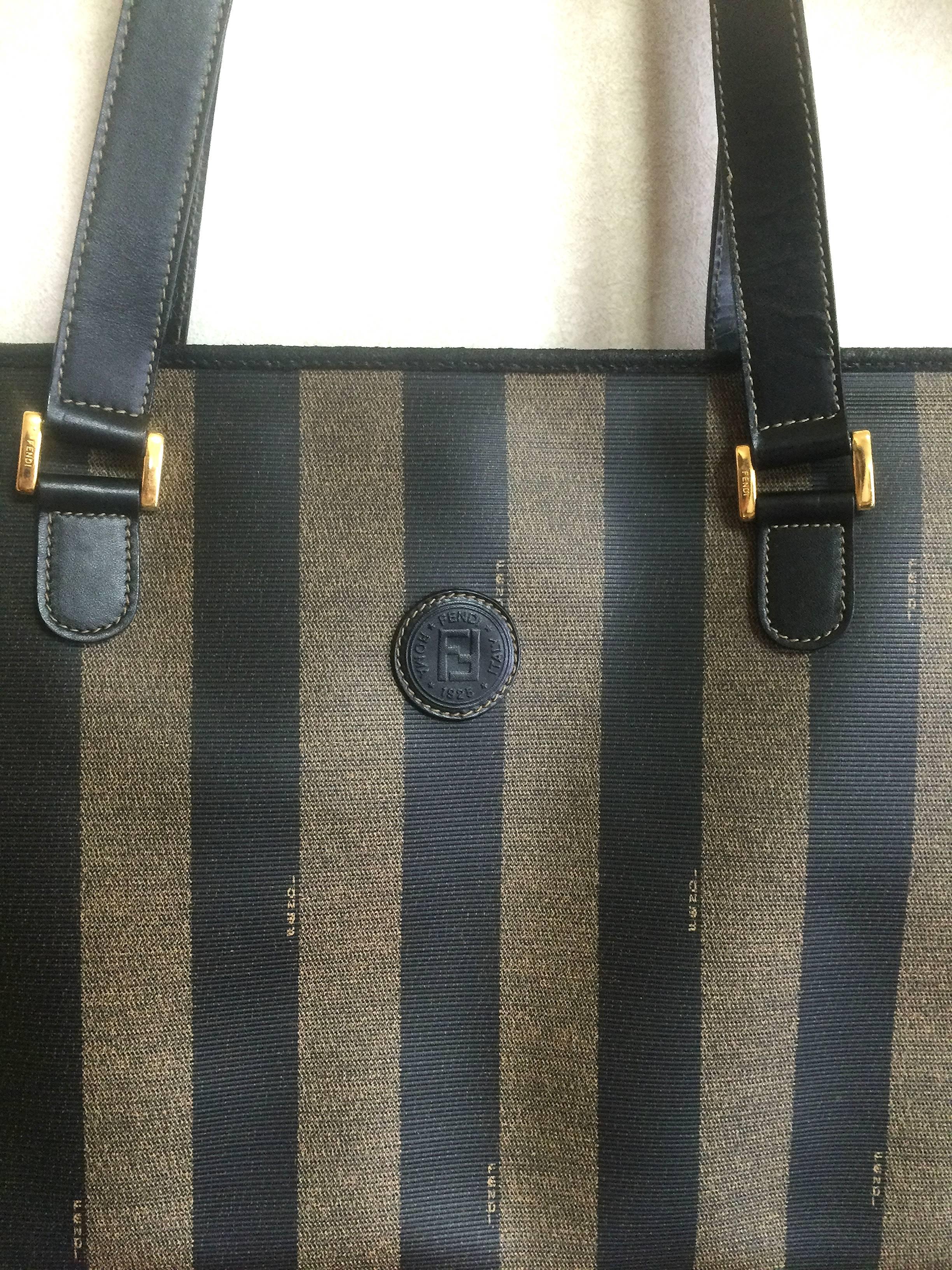 Black Vintage FENDI classic pecan stripe pattern shopper tote bag with black leather.