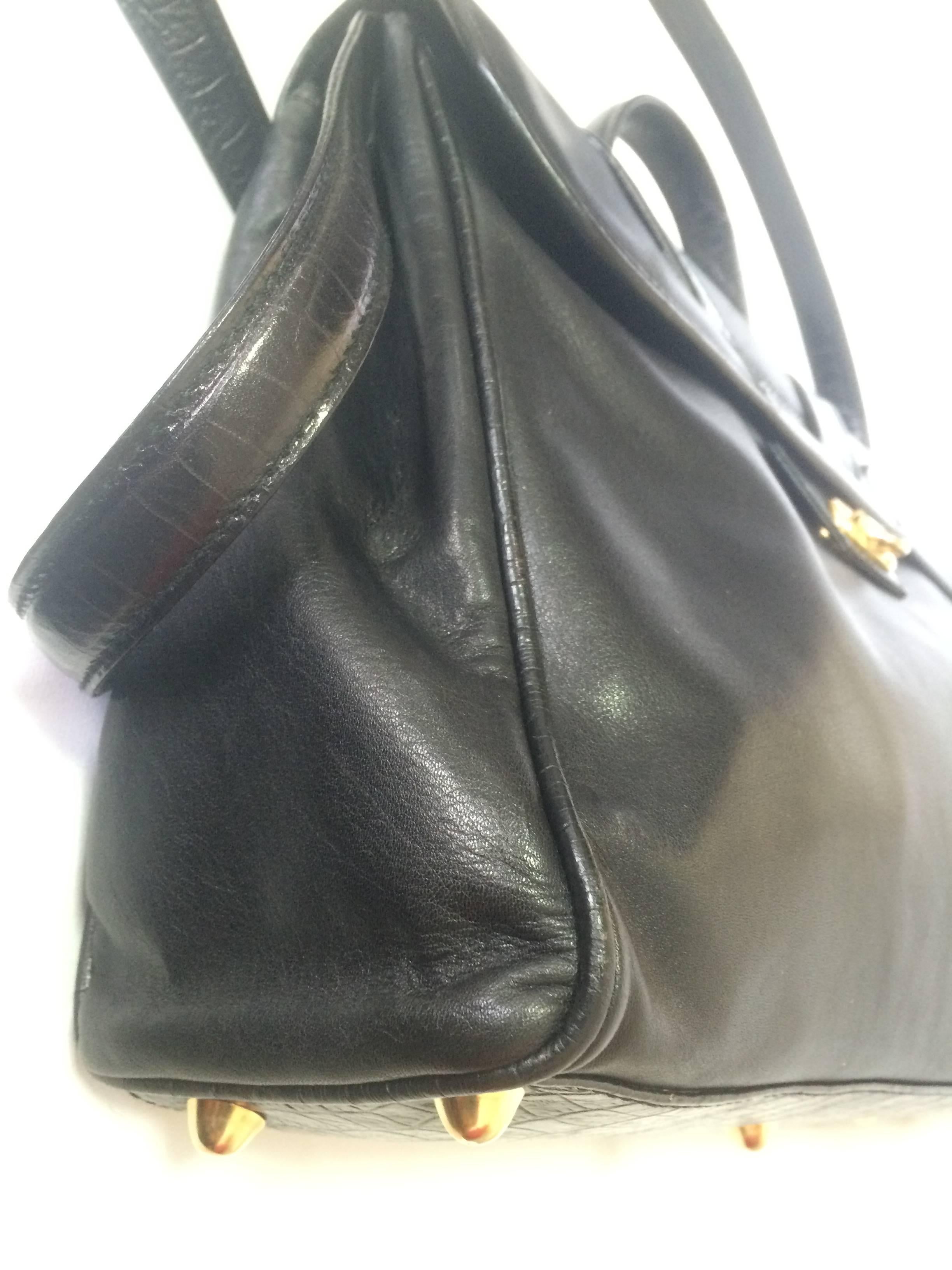 Women's or Men's Vintage FENDI genuine black leather kelly style shoulder bag with croc-embossed 
