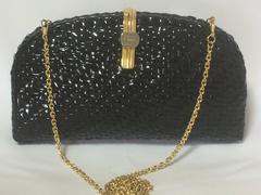 Vintage LANCEL, black bamboo woven clutch bag in round oval shape, chain strap