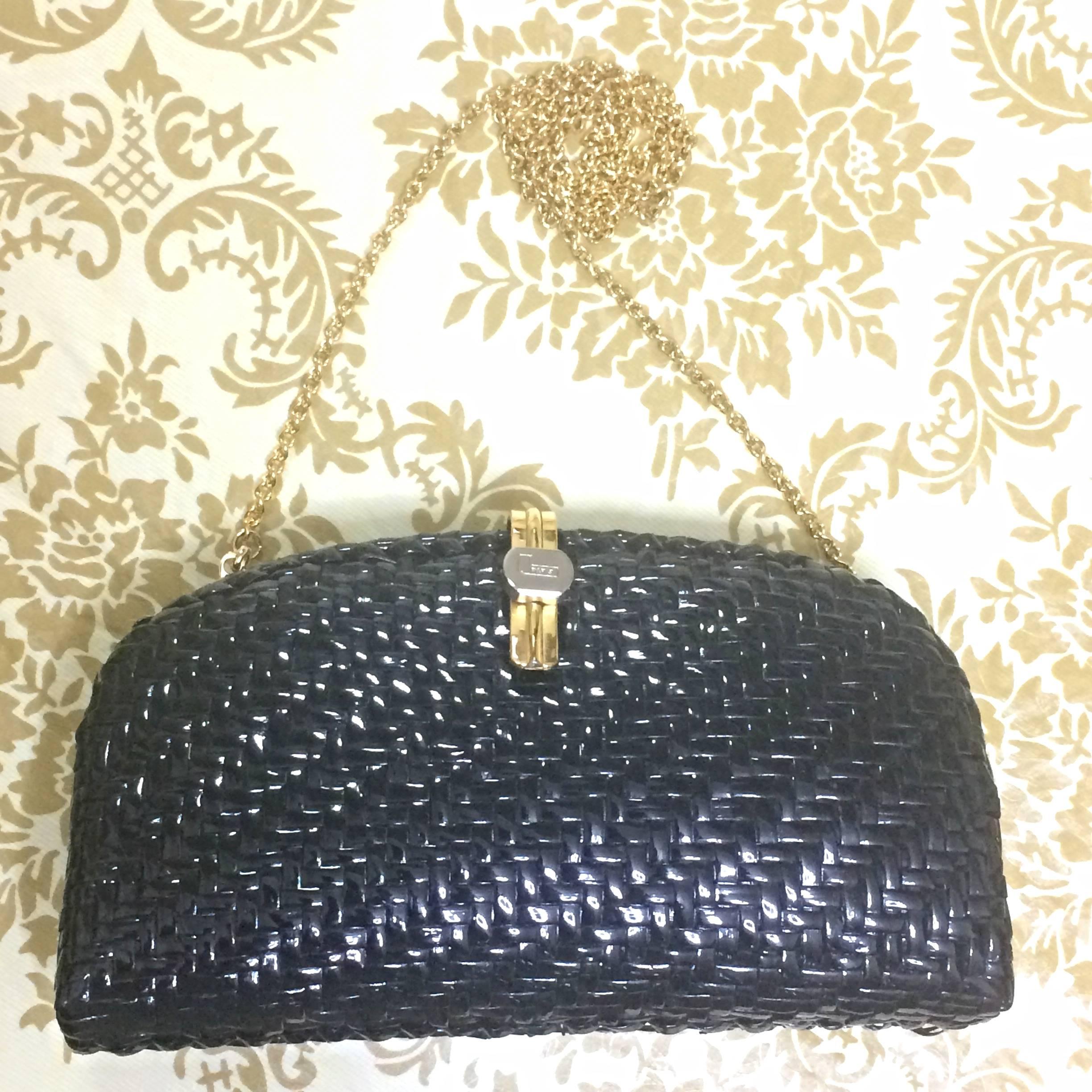 Vintage LANCEL, black bamboo woven clutch bag in round oval shape, chain strap For Sale 2