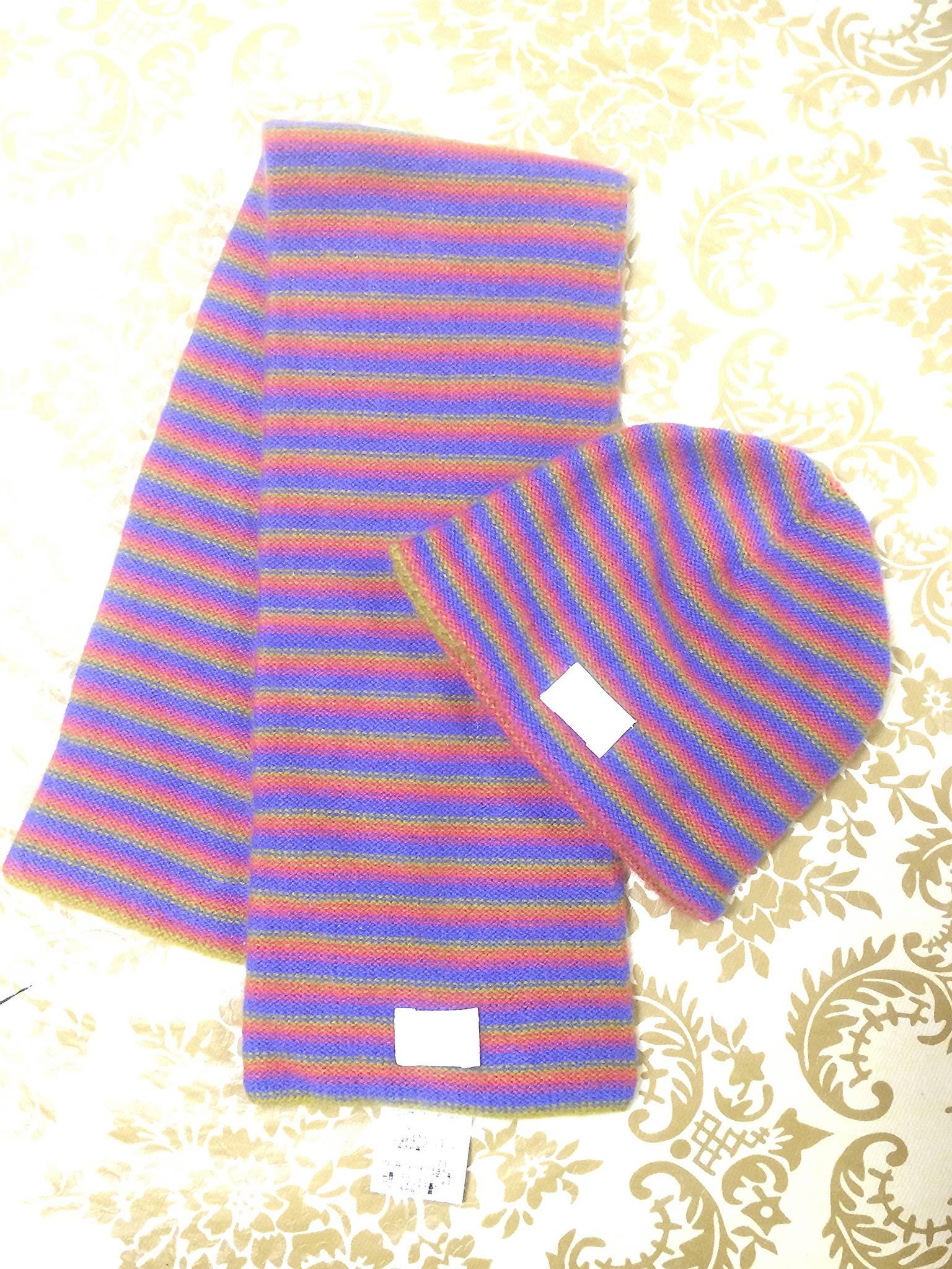 Hermes 100% Cashmere kids, baby scarf and hat in multiple color stripe 2