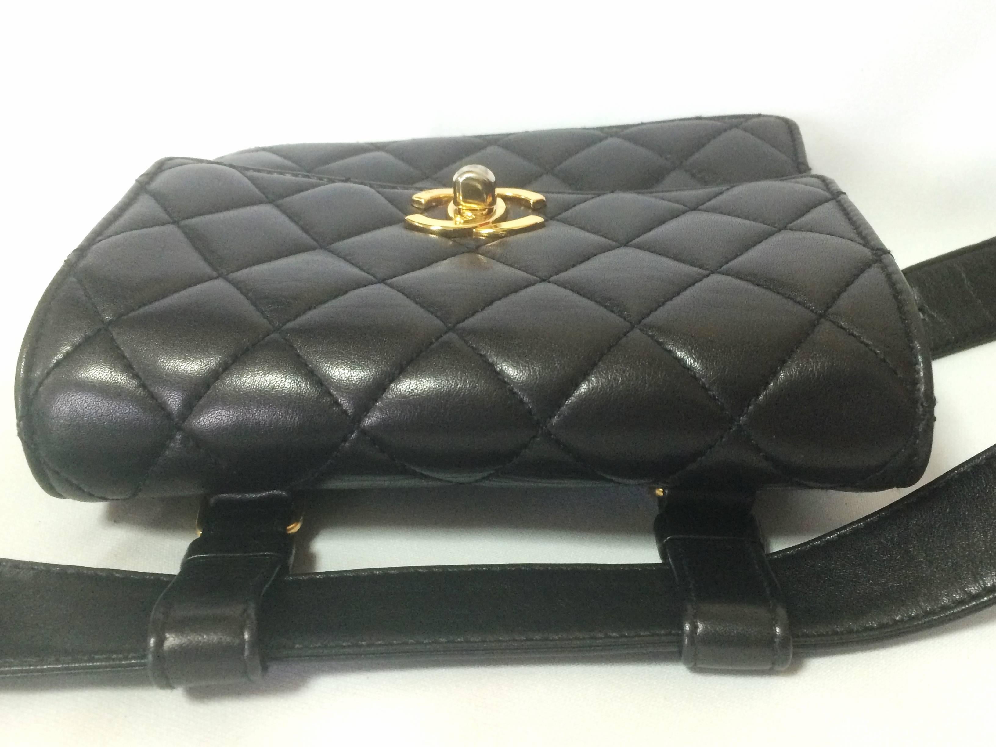 MINT. Vintage CHANEL square black lambskin waist purse, fanny pack with belt.  1