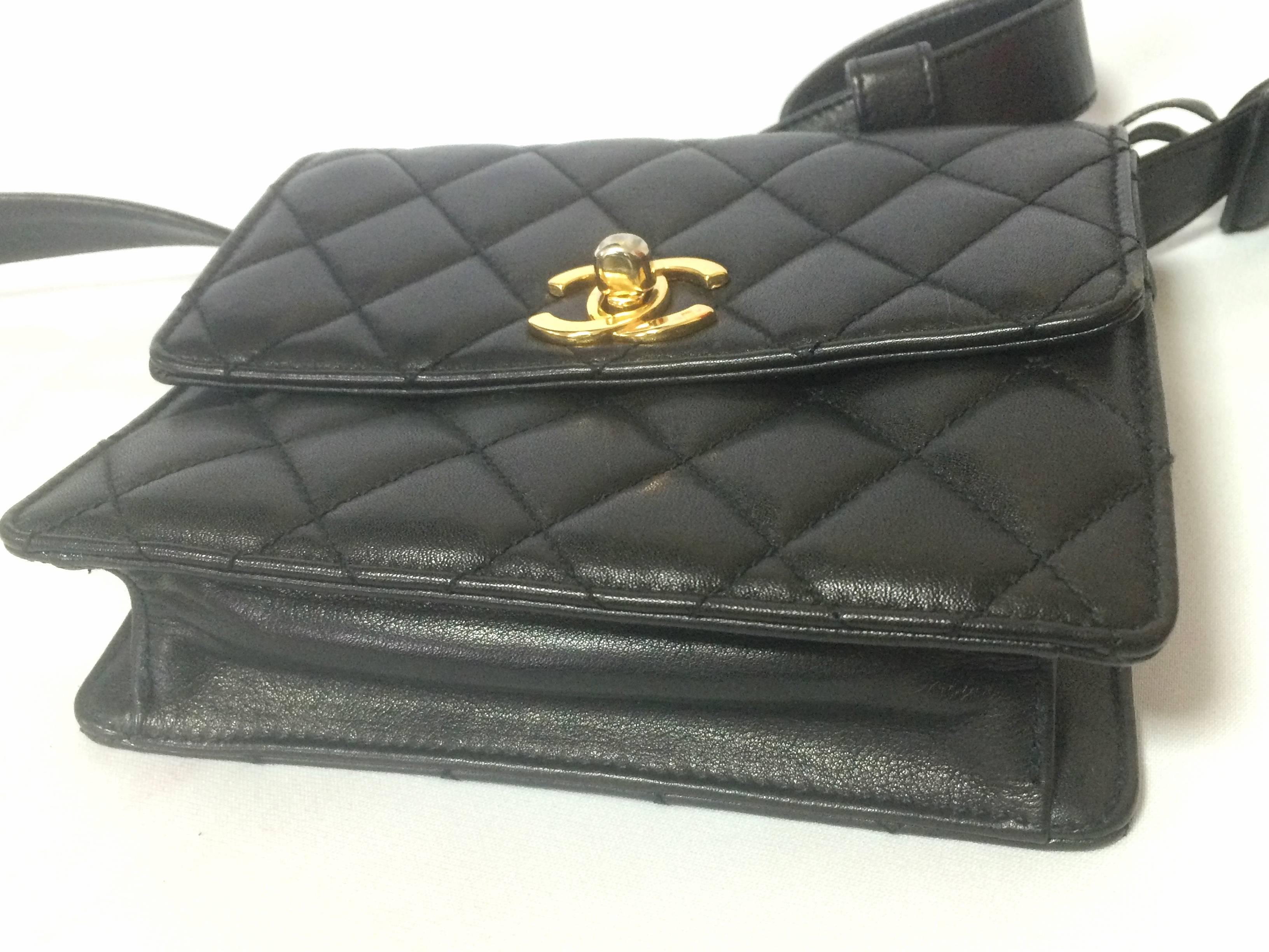 MINT. Vintage CHANEL square black lambskin waist purse, fanny pack with belt.  2