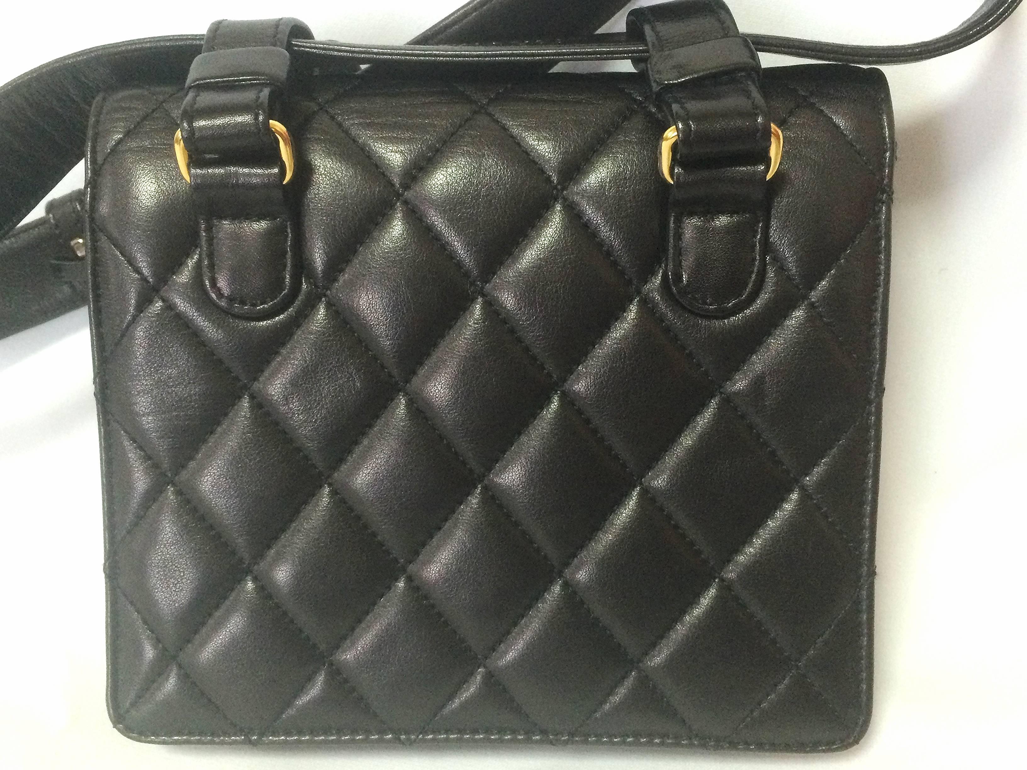 Women's MINT. Vintage CHANEL square black lambskin waist purse, fanny pack with belt. 