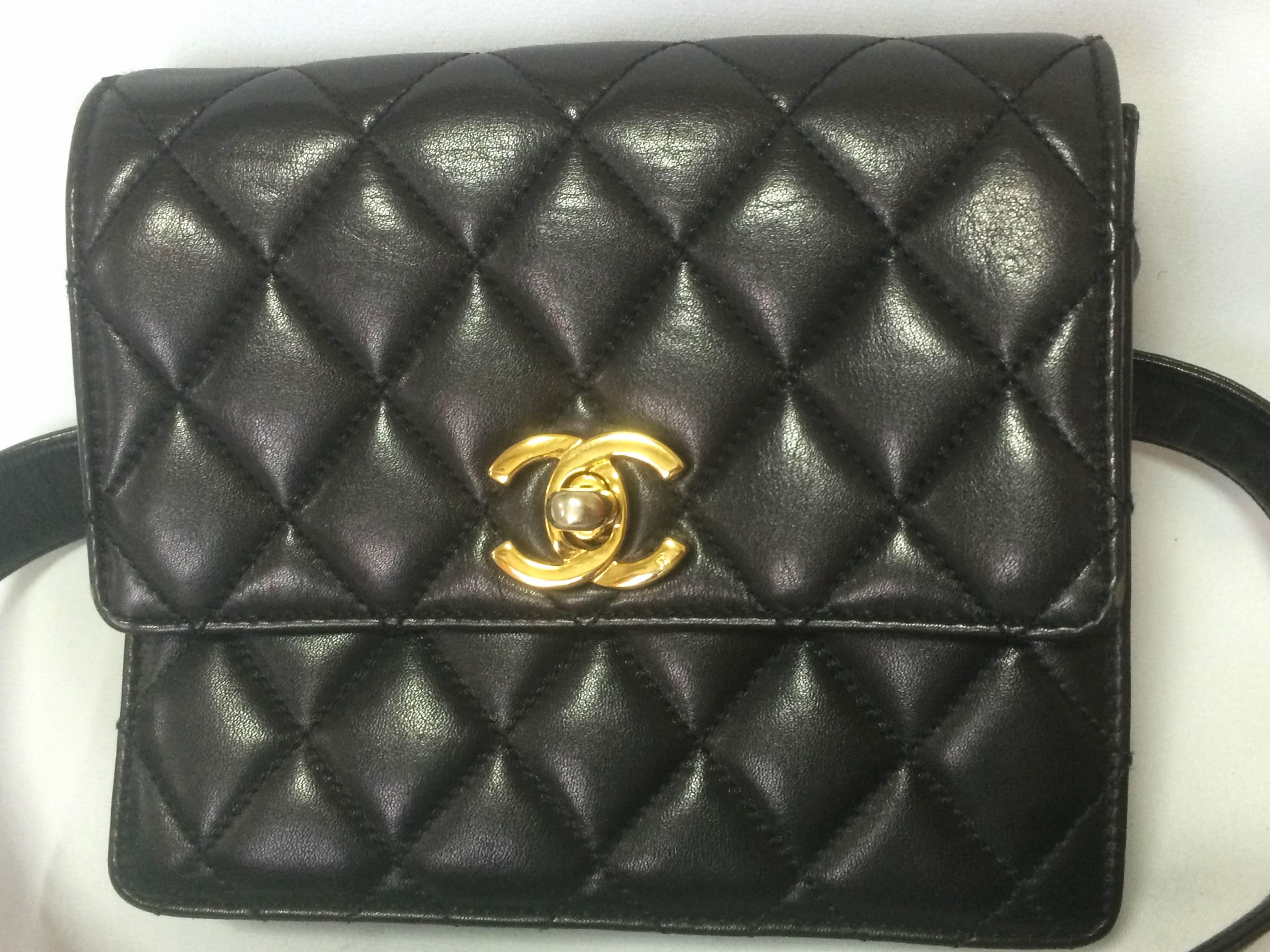 MINT. Vintage CHANEL square black lambskin waist purse, fanny pack with belt.  6