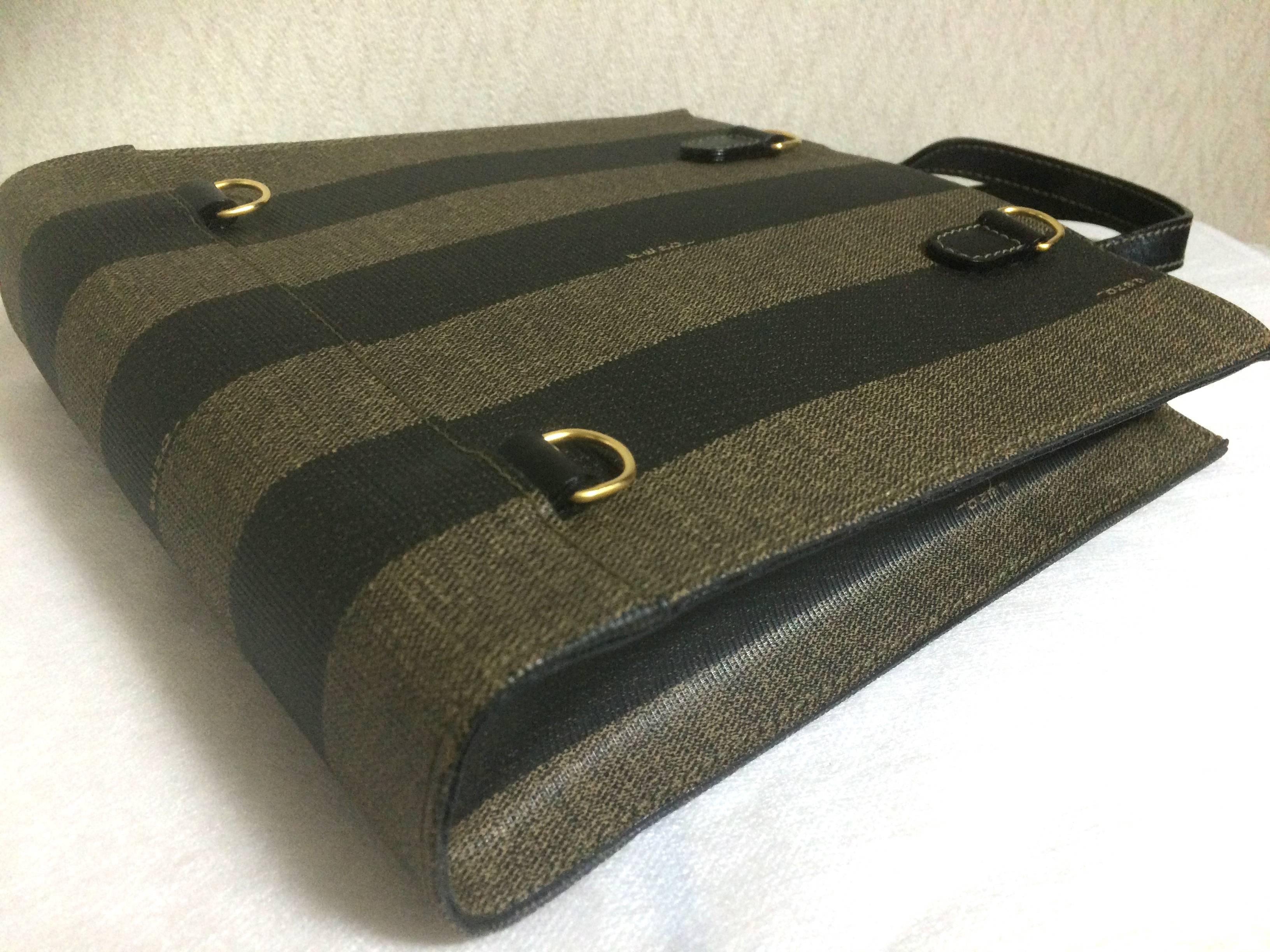 MINT. Vintage FENDI pecan khaki and black vertical stripe mini shopping tote bag In Excellent Condition In Kashiwa, Chiba
