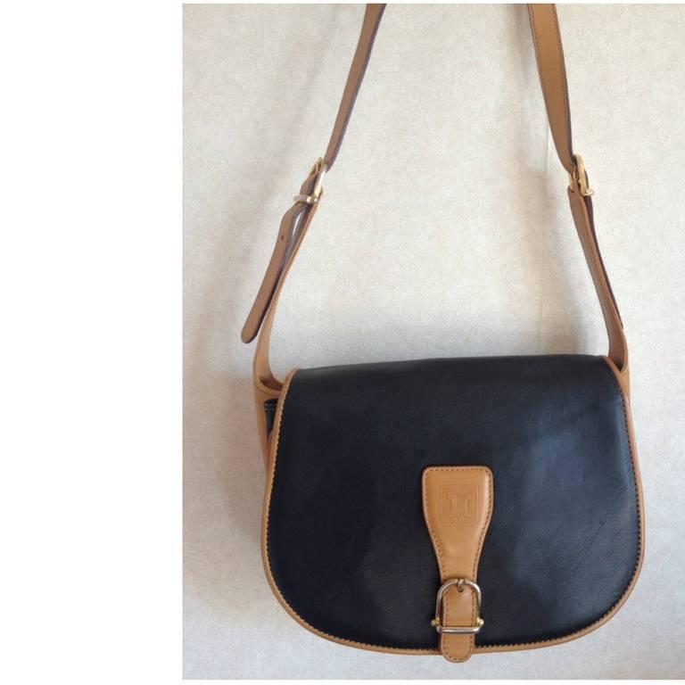 Black Vintage Celine black and brown genuine leather shoulder bag with logo embossed.