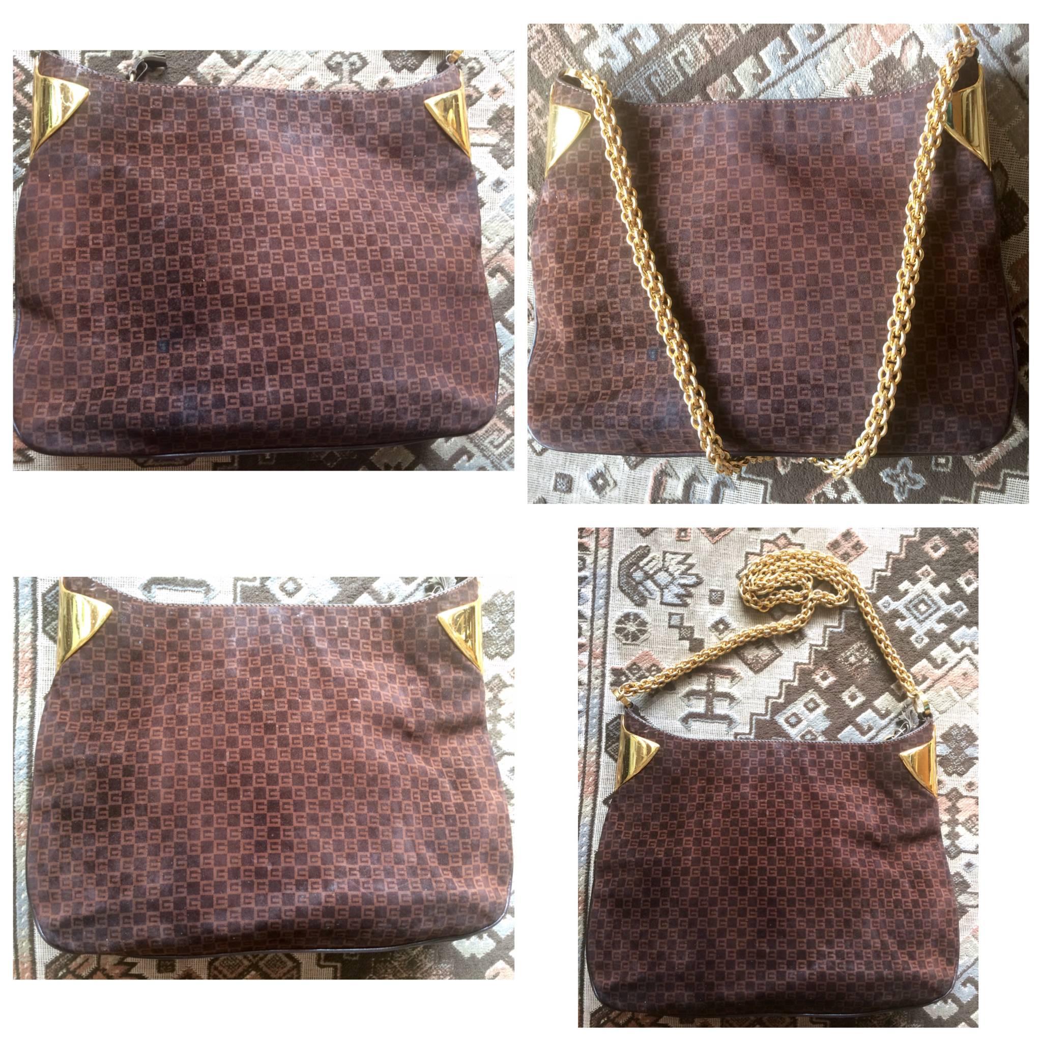 Vintage Gucci dark brown genuine suede leather chain shoulder bag with GG print  In Good Condition For Sale In Kashiwa, Chiba