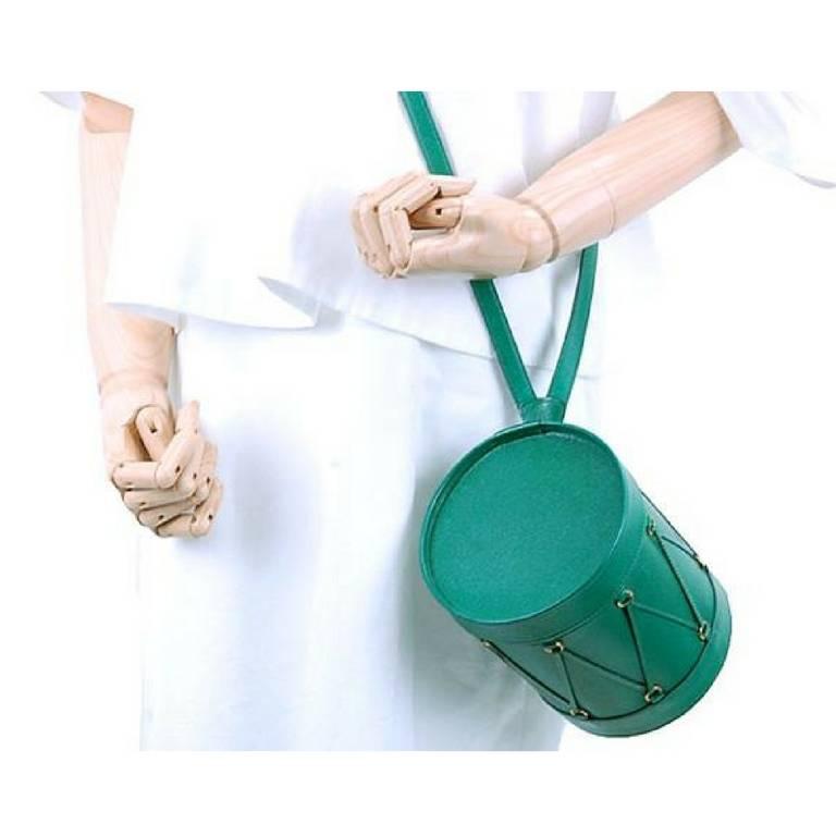 Green Vintage Hermes green Courchevel grained drum shape shoulder bag, fun purse. Rare For Sale