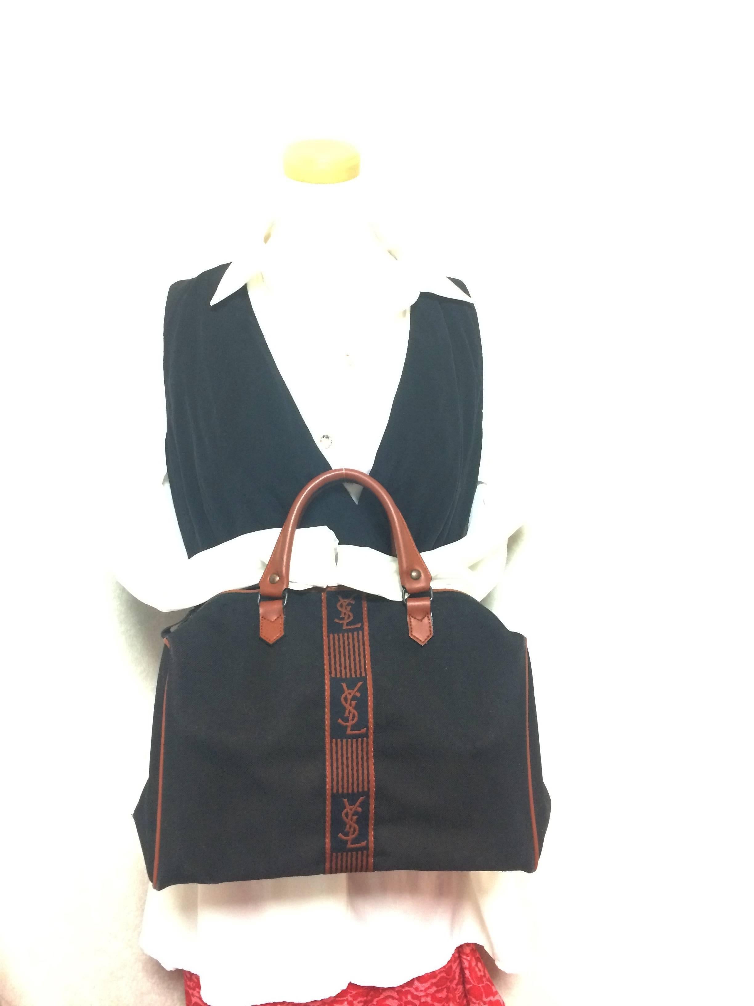 Vintage Yves Saint Laurent black and brown canvas duffle handbag, travel bag 2
