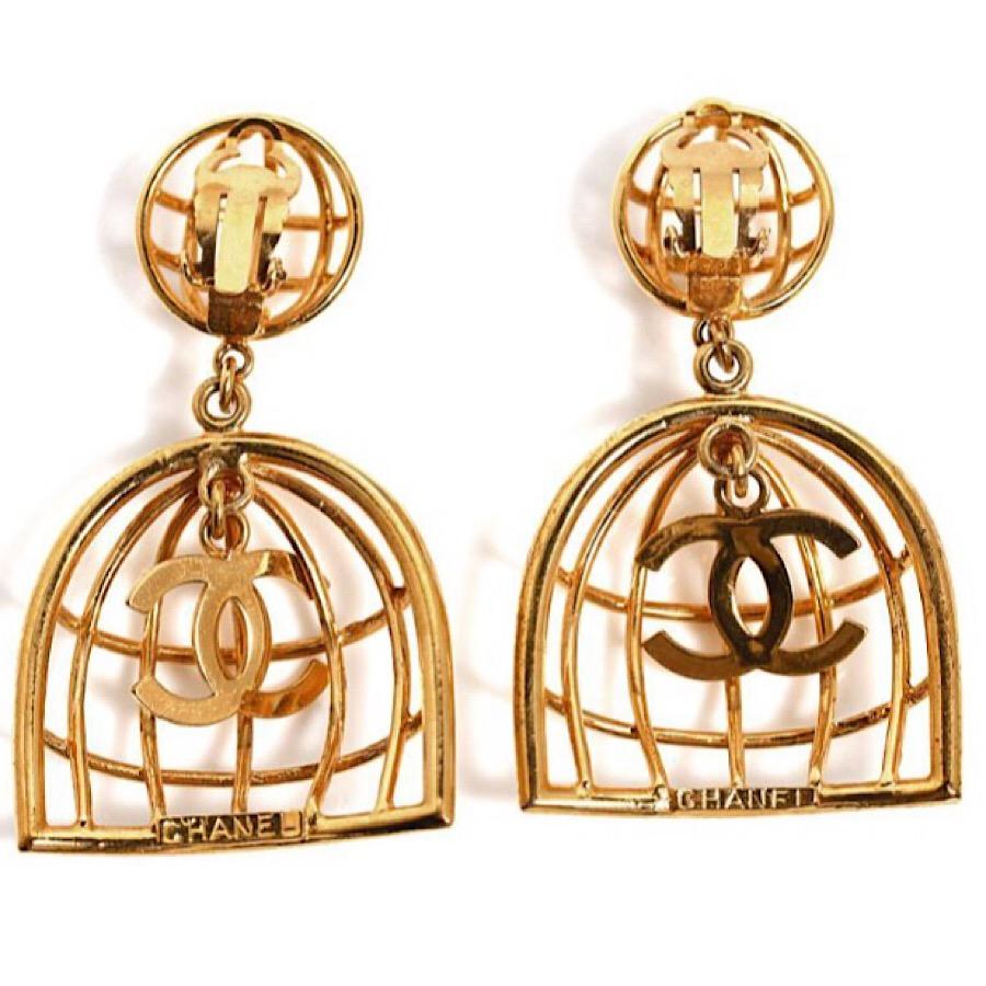 Women's Vintage CHANEL gold tone bird cage design dangle earrings with CC mark.Rare  For Sale