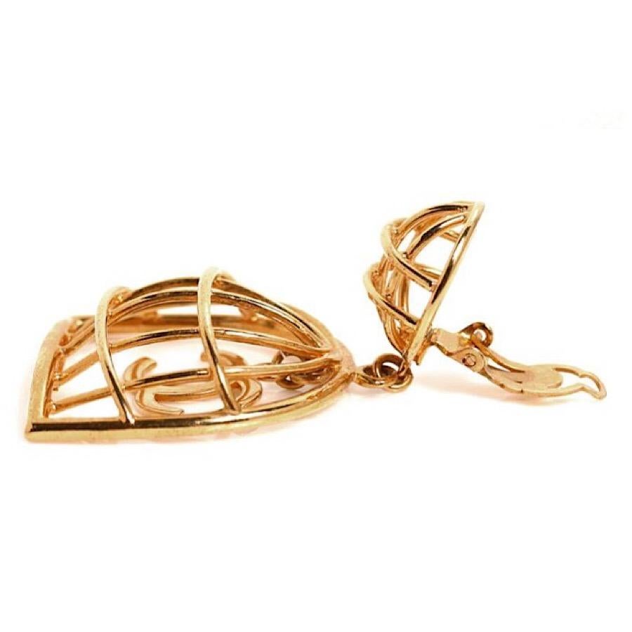 Vintage CHANEL gold tone bird cage design dangle earrings with CC mark.Rare  For Sale 1