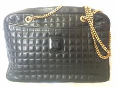 Vintage CELINE stitch design large black leather golden chain shoulder bag.