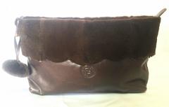 Vintage FENDI dark brown large leather clutch bag with rabbit fur and pom pom.