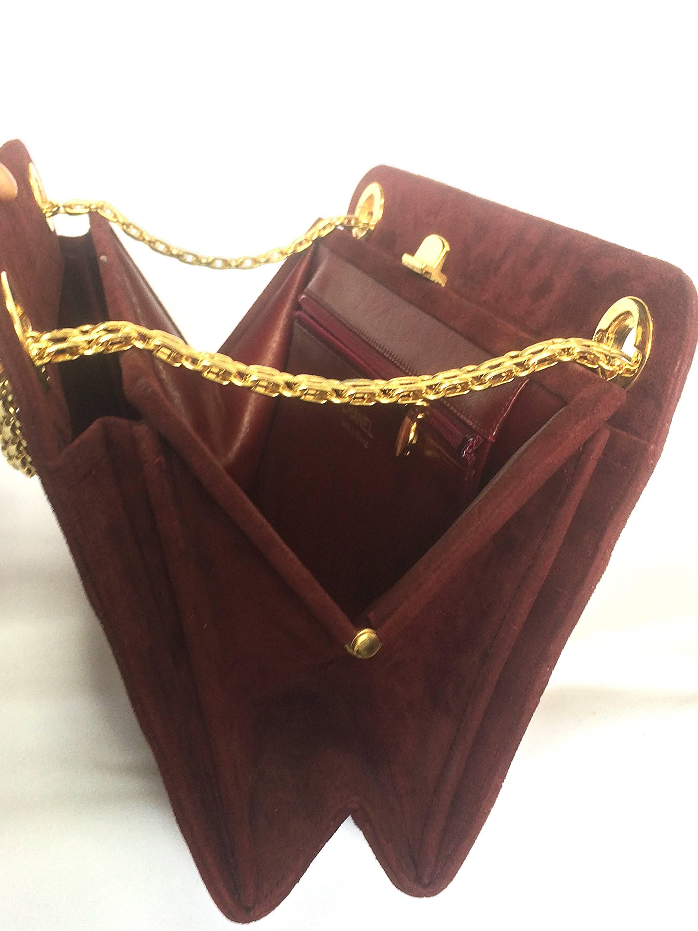 Vintage CHANEL genuine wine, bordeaux suede shoulder bag with golden chain strap 1
