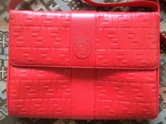 MINT. Vintage FENDI red genuine leather shoulder bag with FF embossed logo.
