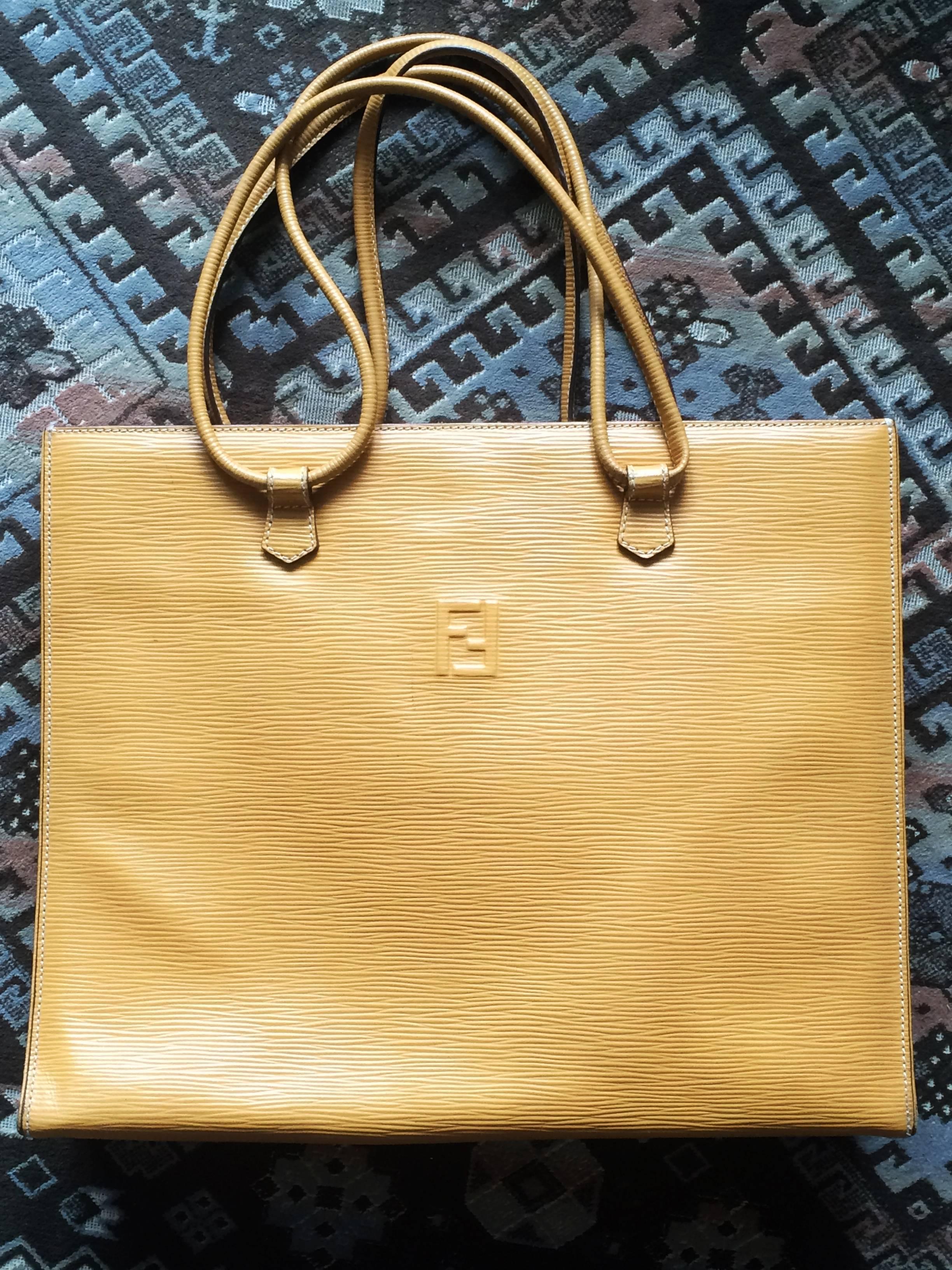 Yellow Vintage FENDI light mustard yellow epi leather extra large shoppers tote bag.