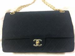 Vintage Chanel classic black jersey 2.55 bag with double flap and skinny chains