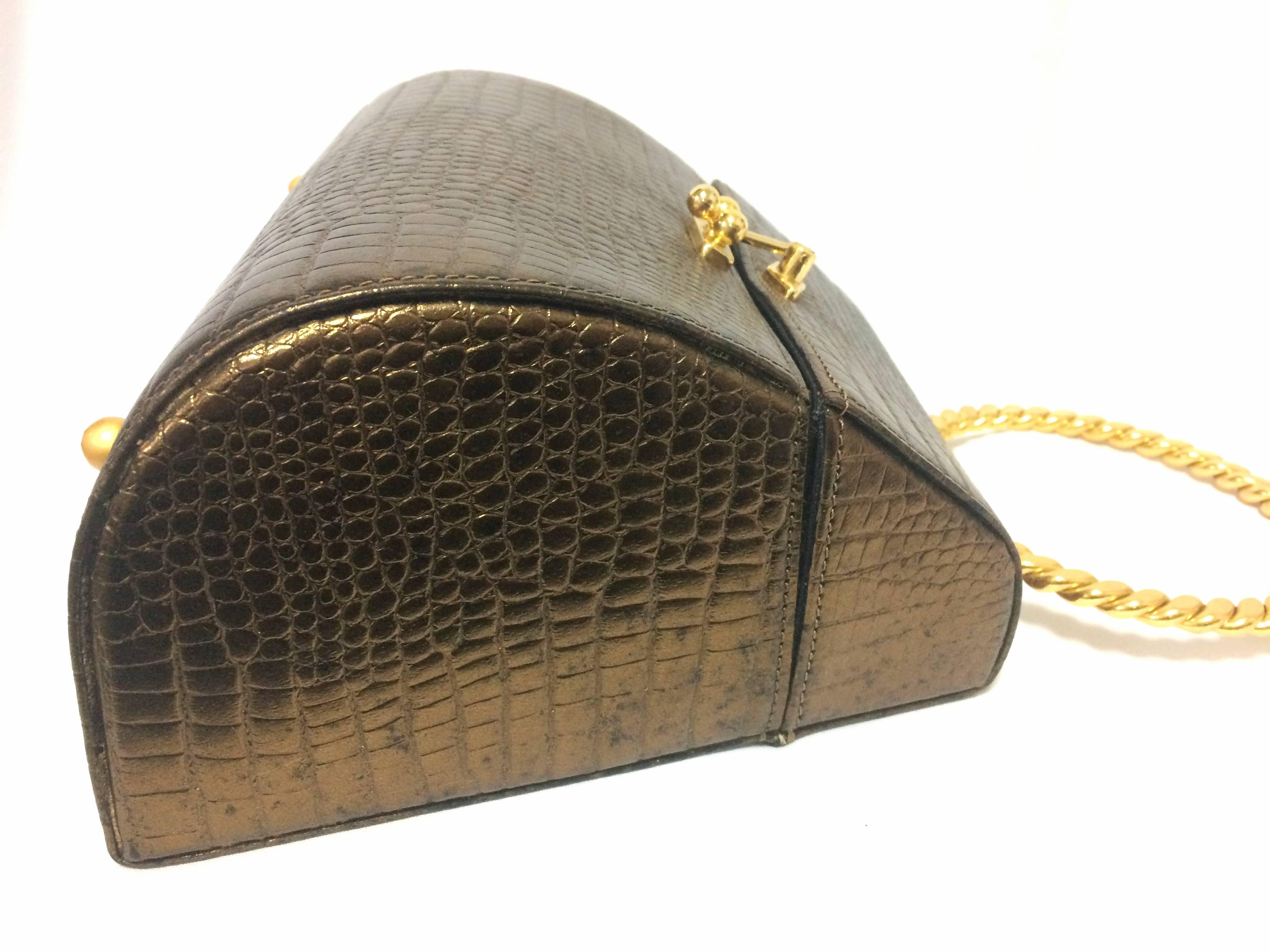 Women's Vintage Charles Jourdan bronze gold croc embossed leather vanity bag.