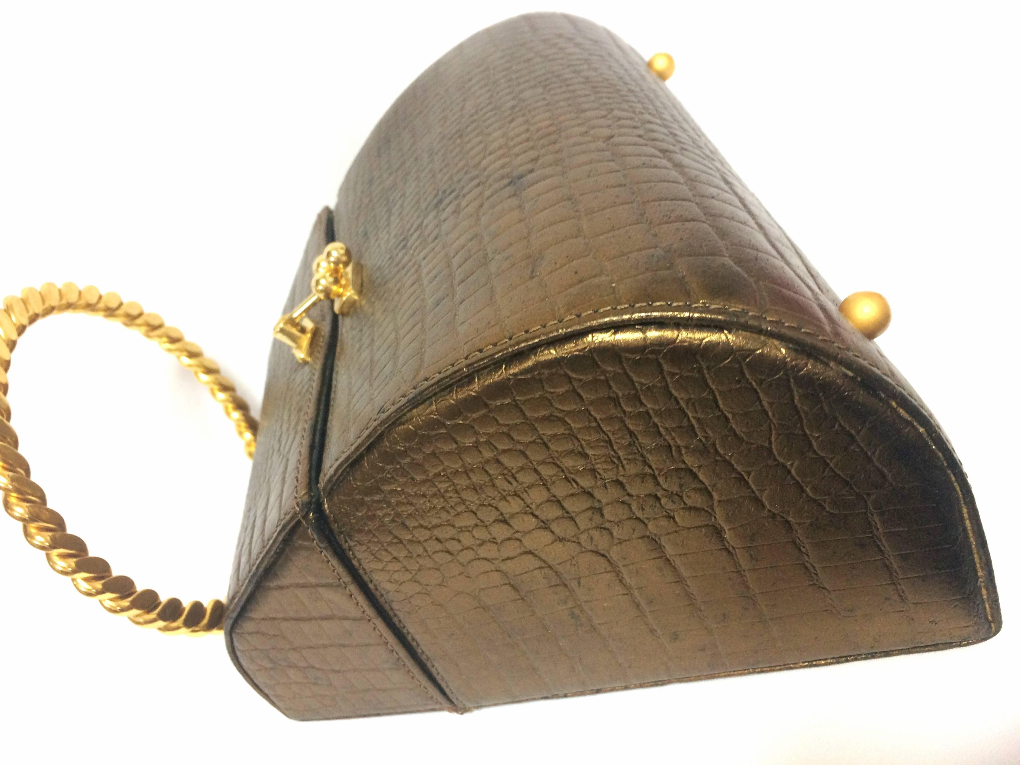 Vintage Charles Jourdan bronze gold croc embossed leather vanity bag. 1
