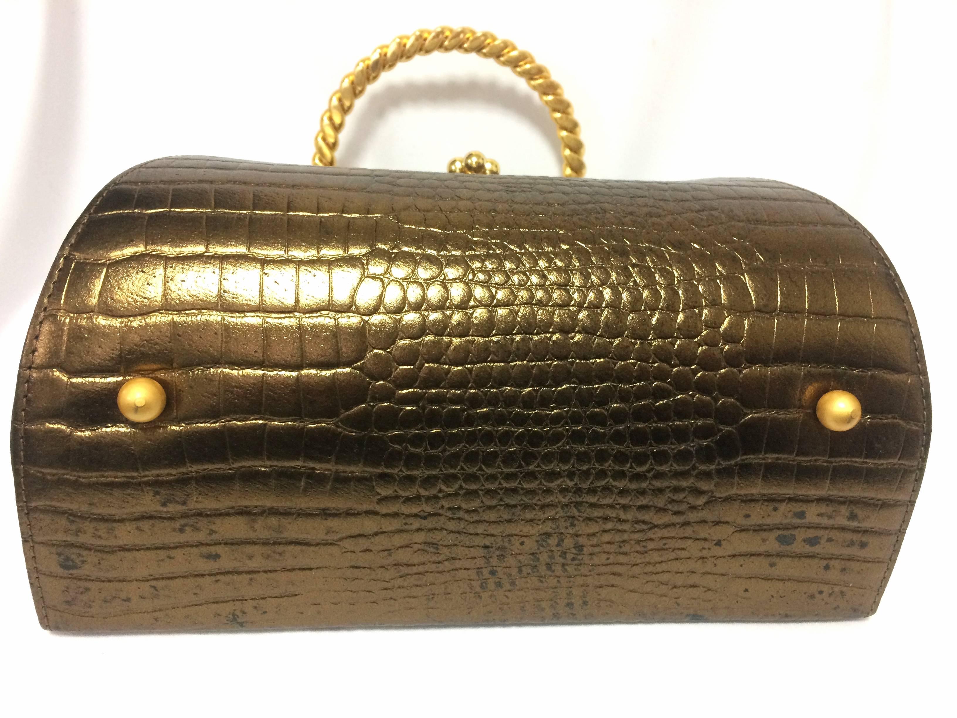 Vintage Charles Jourdan bronze gold croc embossed leather vanity bag. 2