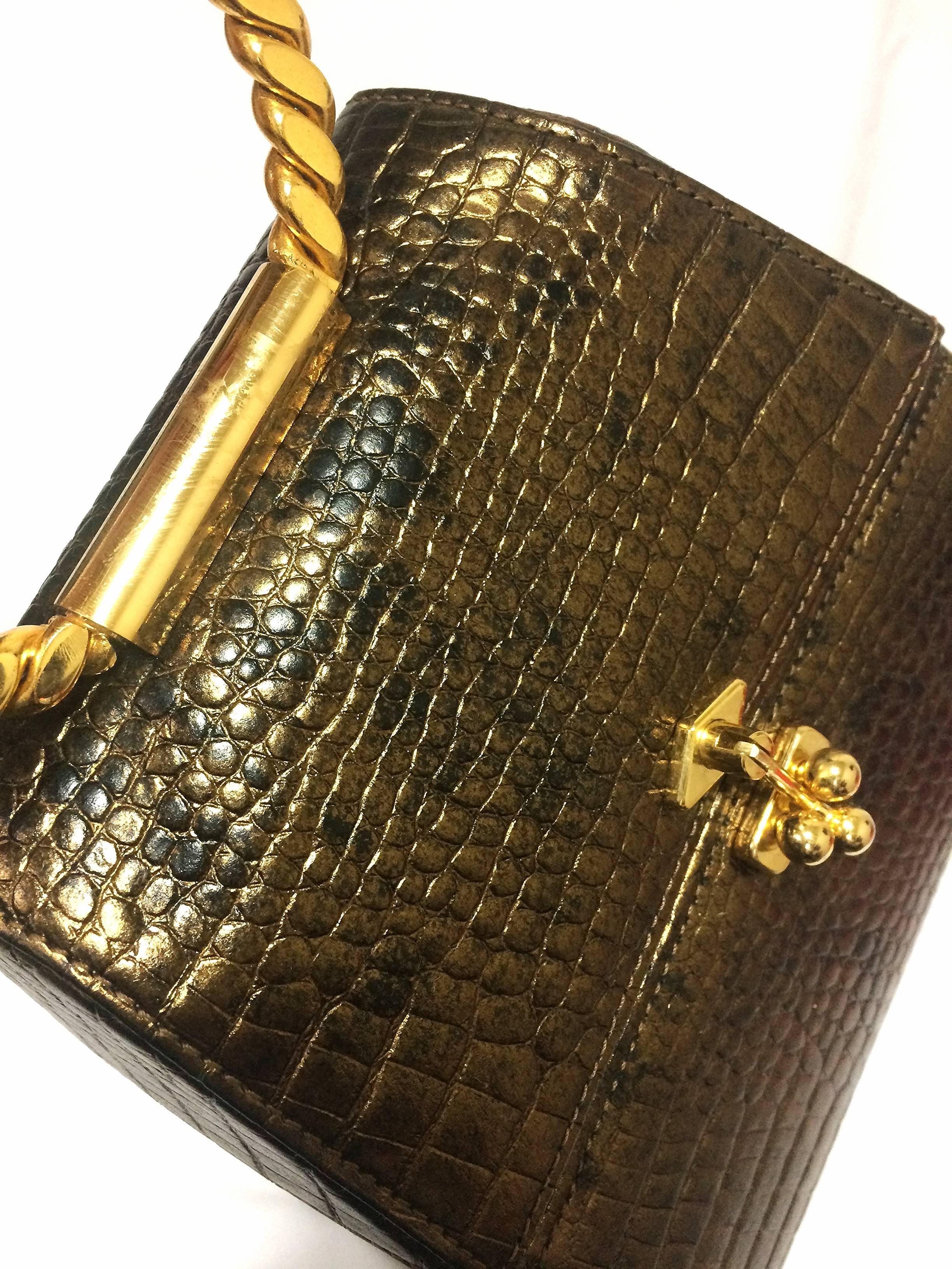 Black Vintage Charles Jourdan bronze gold croc embossed leather vanity bag.