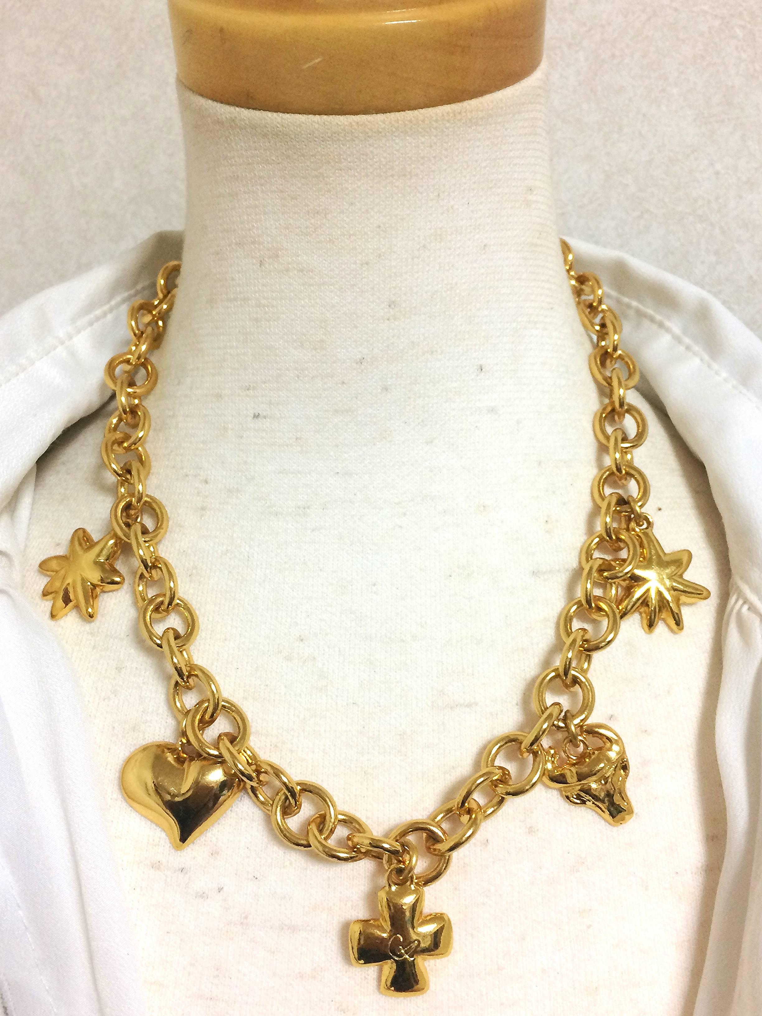 Vintage Christian Lacroix statement necklace with heart mark, star, clover, bull. For Sale 4